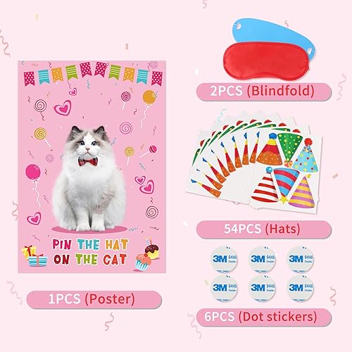 Miniatura 5 de Hxezoc Pin The Hat on The Cat Party Games para niñas, póster grande de juegos de gatos para niños, decoración de fiesta de cumpleaños con temática