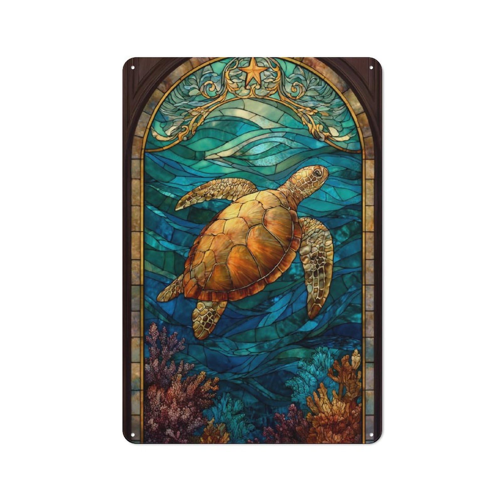 Junmoney Turtle In Stained Glass Retro Metal Wall Sign 30X20cm With For Home Bar Wall, A Housewarming Gift For Hosts Who Enjoy Retro Interiors