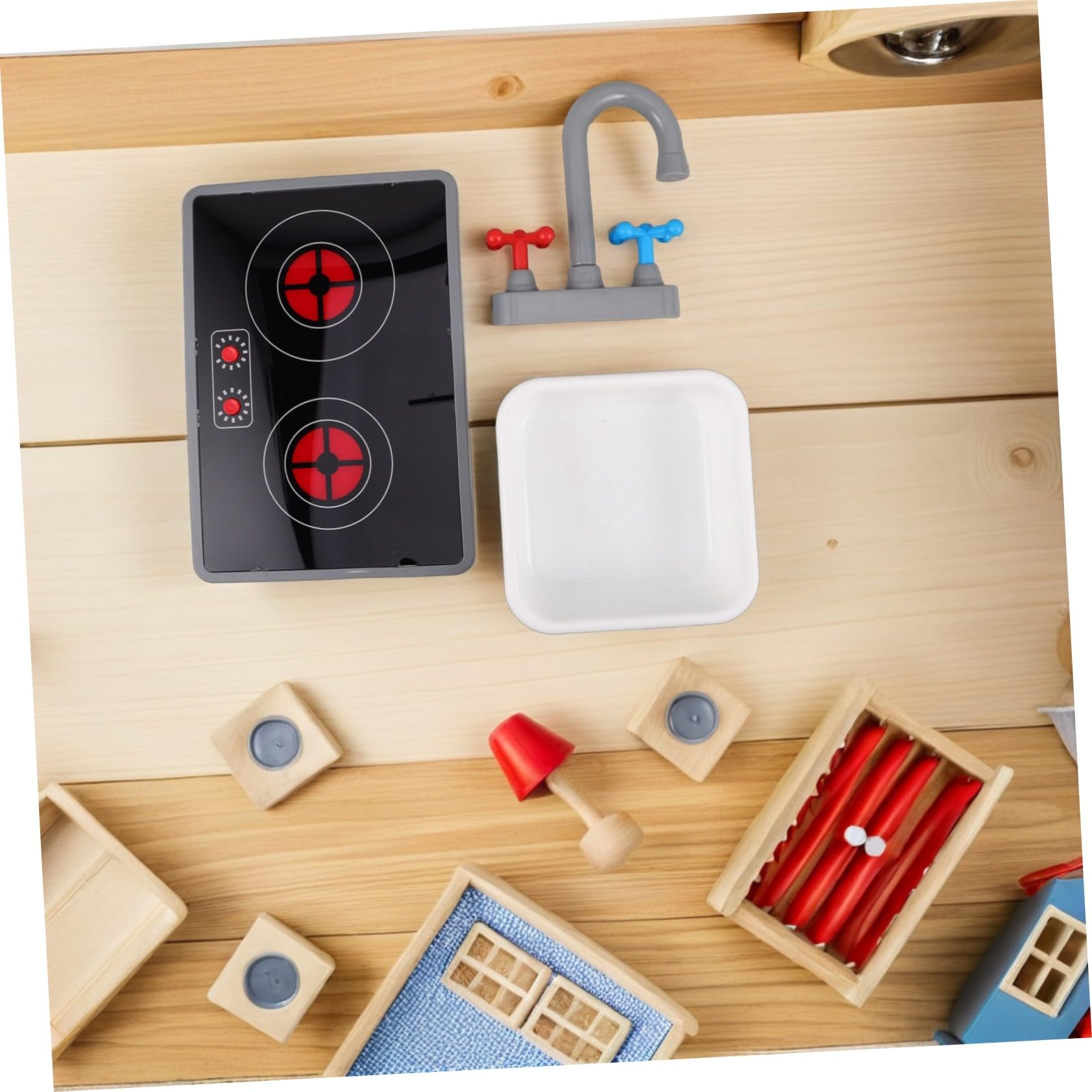 3 Accessori Gioco Cucina in Plastica Resistente con Piano Cottura Induzione Elettronico Lavello Quadrato e Rubinetto con e Suoni Realistici Giocattolo Portatile per Bambine