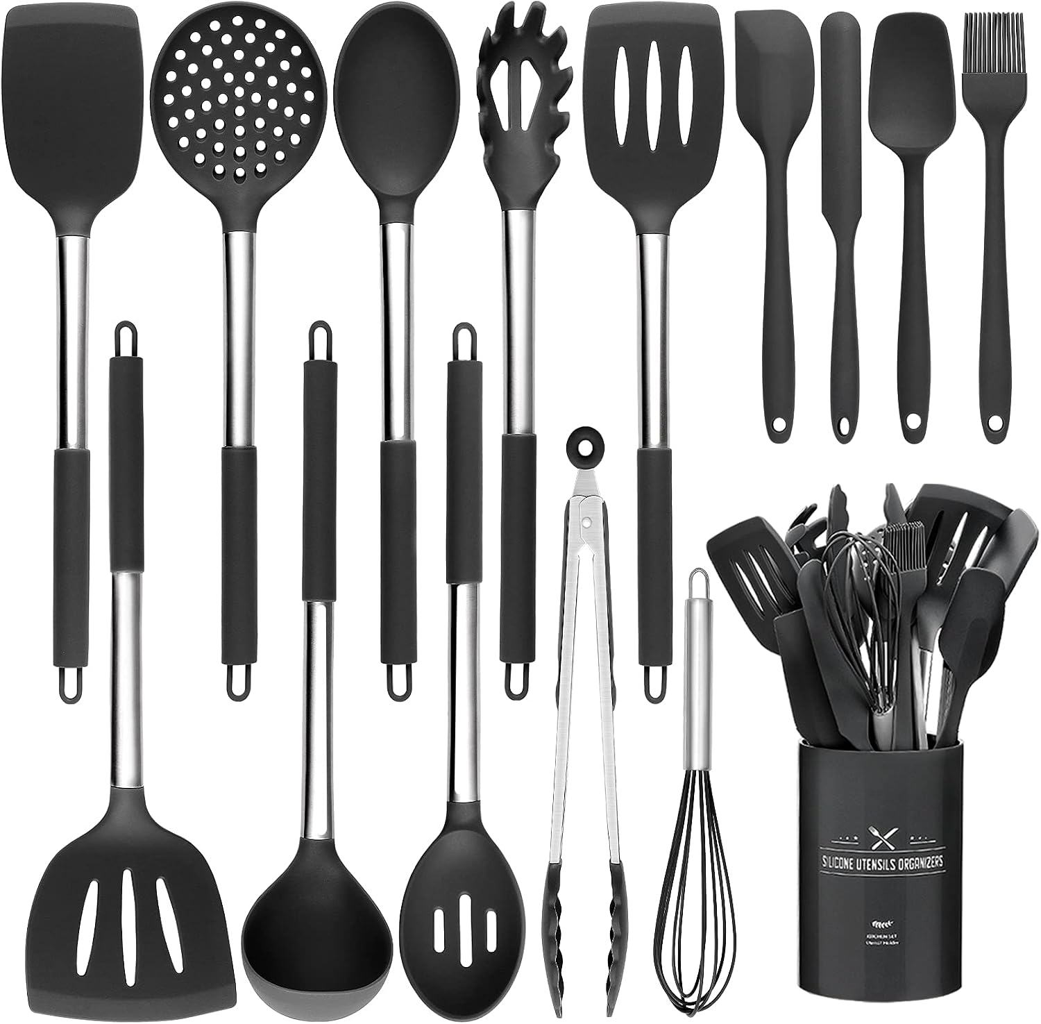 15 PCS Silicone Kitchen Cooking Utensils Set, Heat-Resistant Utensil Set with Premium Stainless Handles for Cooking and Baking, Non-Stick Spatula Kitchen Gadgets Cookware Set(Black)