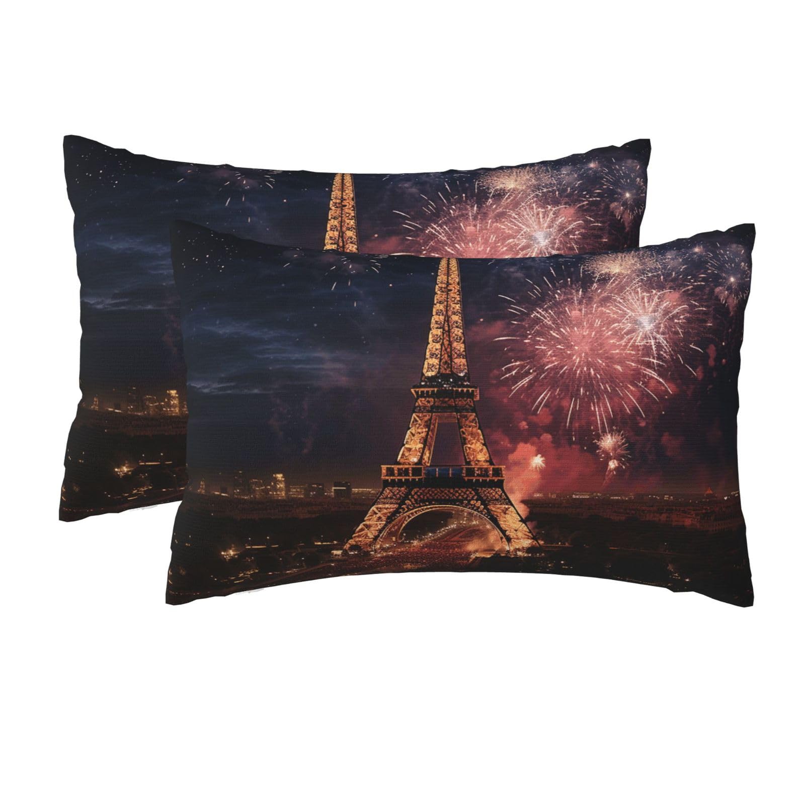 2 Pack Queen Pillow Cases with Hidden Zipper, Soft Breathable Pillow Covers for Hair and Skin, Eiffel Tower Fireworks Pillowcases 20"x30" Bed Pillow Protectors Cover for Sleeping Gifts