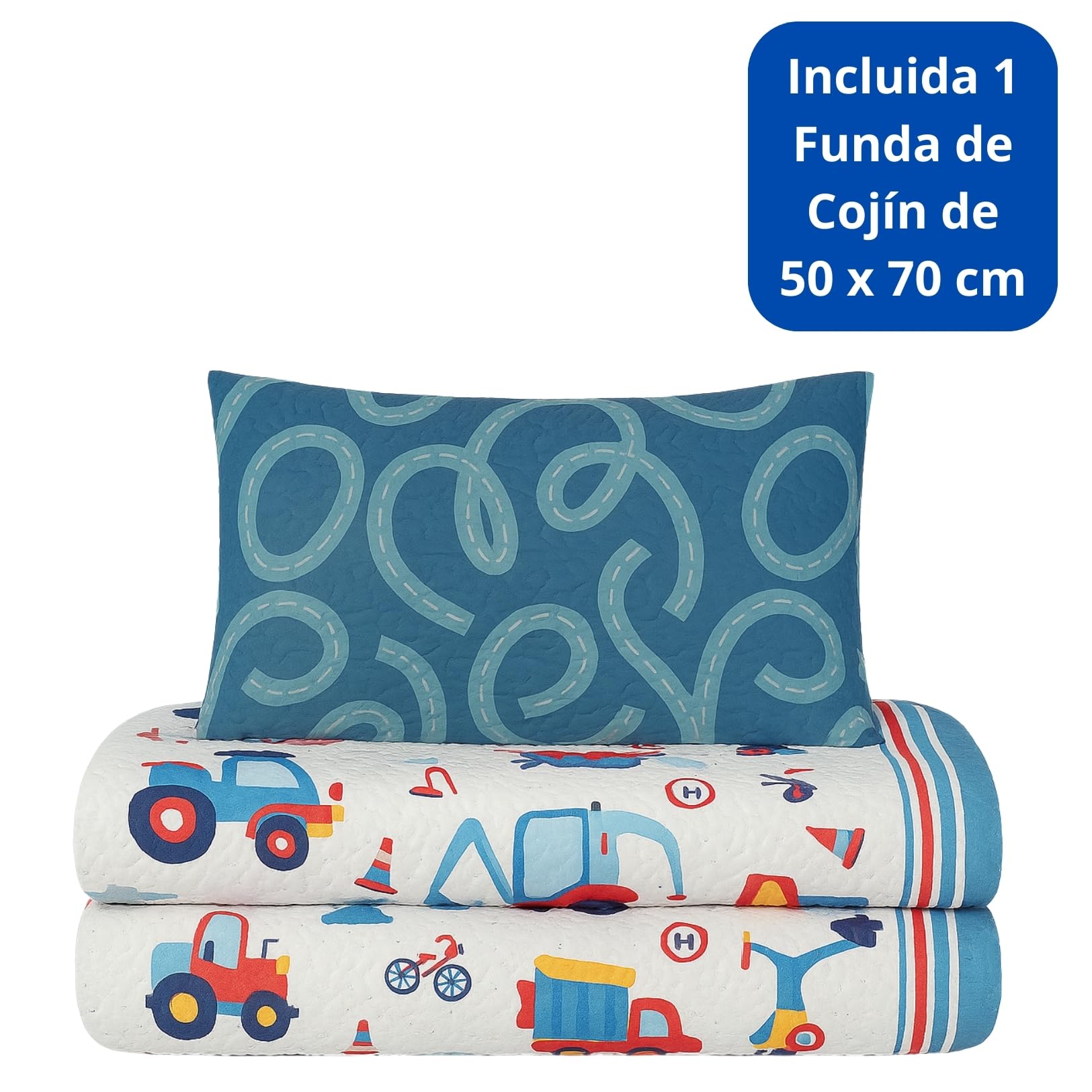 DECASATEXTIL - Colcha Infantil para Cama de 90 - Diversos Diseños para los Más Peques - Encanto y Fantasía en la Cama Infantil - 100% Microfibra (Cama 90/105cm- 180x265cm, Camiones)