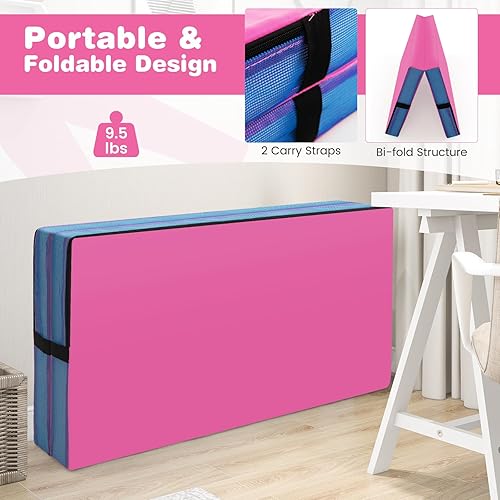 Miniatura 4 de Goplus Tapete de gimnasia plegable, de 4 x 4 x 4 pulgadas de grosor, doble plegable, con asas de transporte y cubierta de piel sintética, tapete de