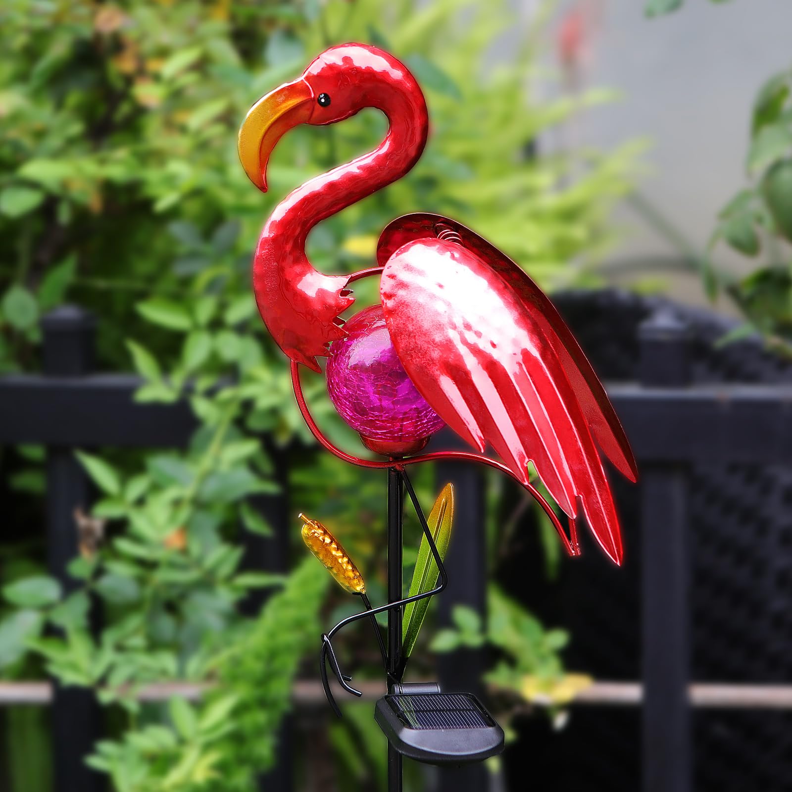 Starryfill Flamingo Solar Light Garden Decoration Metal Stake,Warm White LED Crackle Glass Globe for Gift Yard Pathway Patio Outdoor