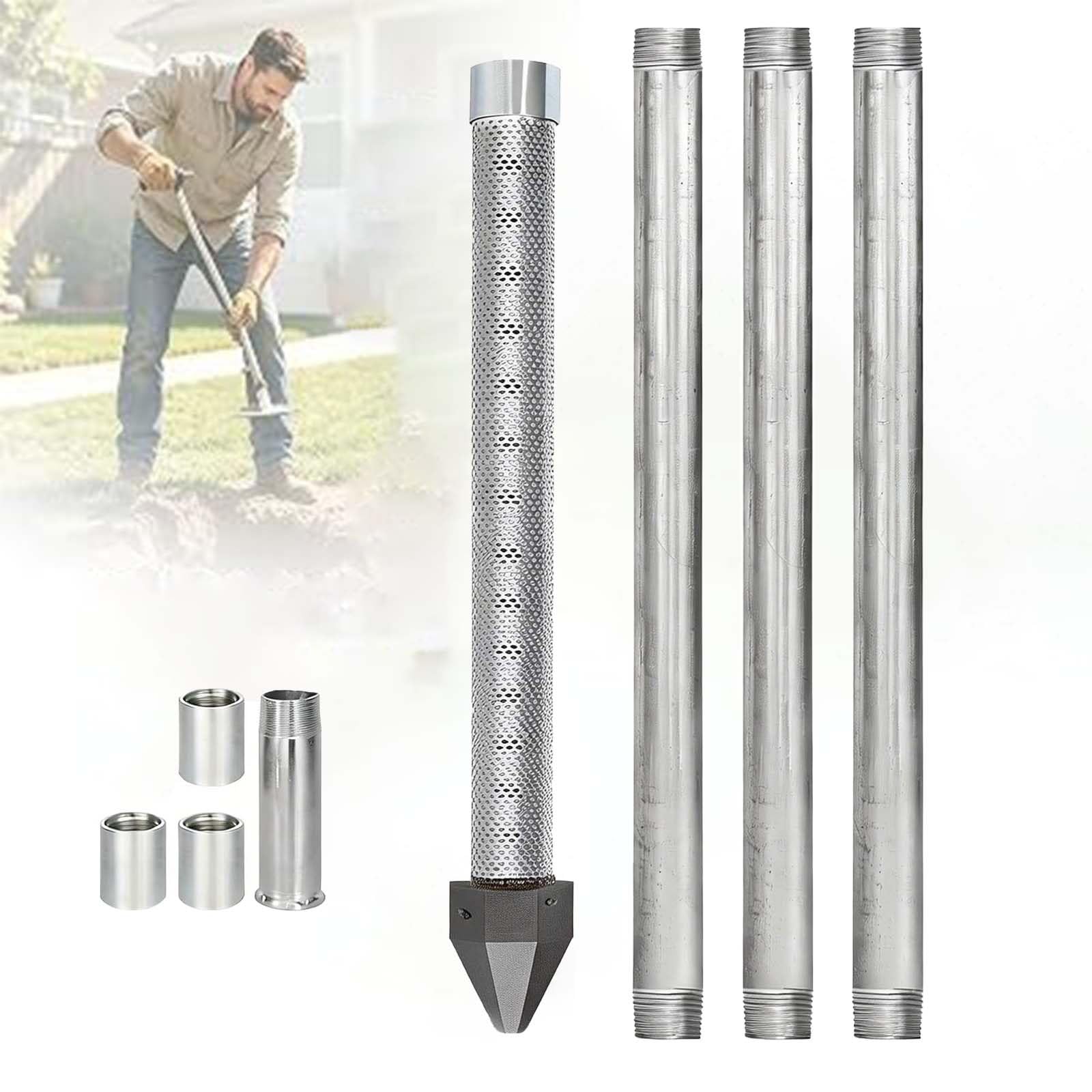 Shallow Well Drilling Kit, Well Point Kit, Heavy Duty Galvanized Pipe & Cast Iron Tip, 36” (91 Cm) Intake, 60 Mesh Filter, DIY Groundwater Access for Farm, Lawn, Livestock(1+3 Pipes–4m (13ft))