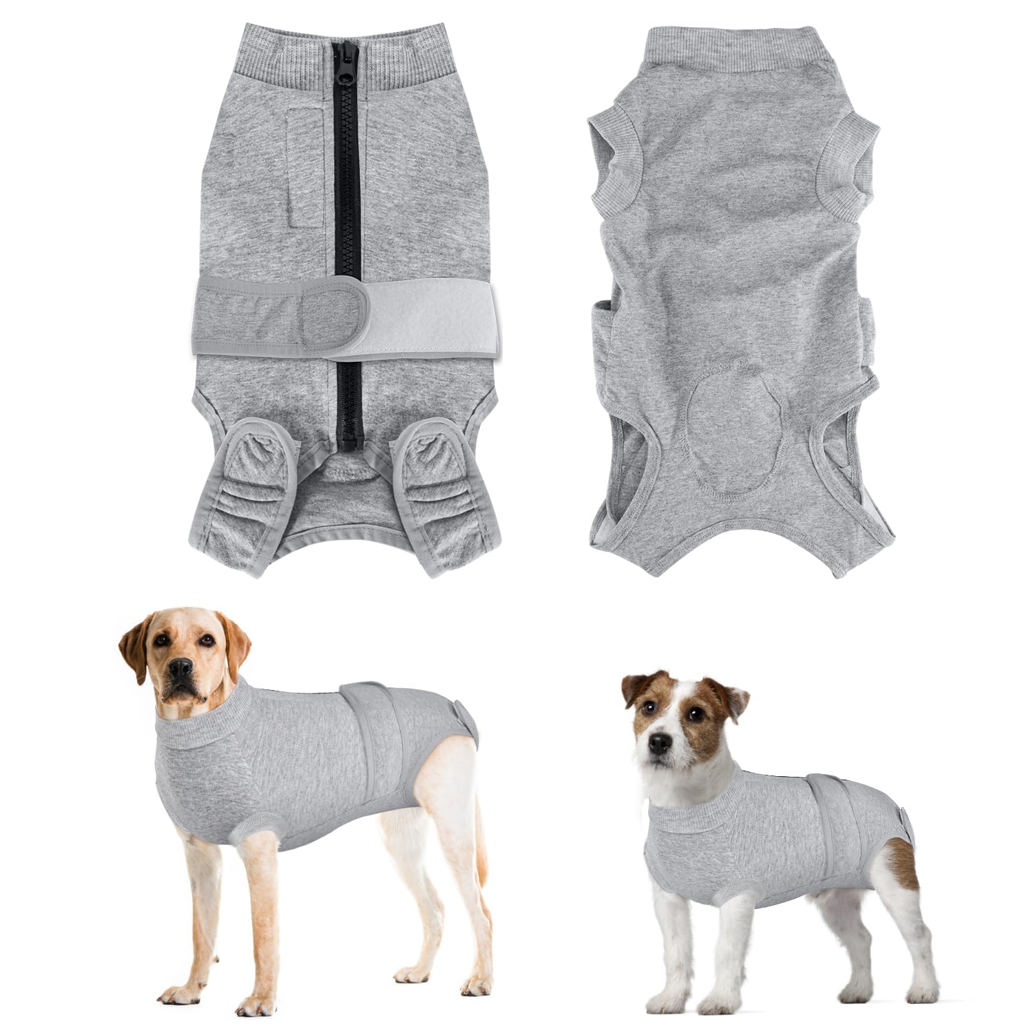 Eyein Hundebody Nach Op, Wundschutzanzüge für hündin Rüde mit Reißverschluss und Klettverschluss Gürtel - Anti-Lecken und Wundschutz, Atmungsaktiv Einteiler für Hunde Nach Op (Grau, 3XL)