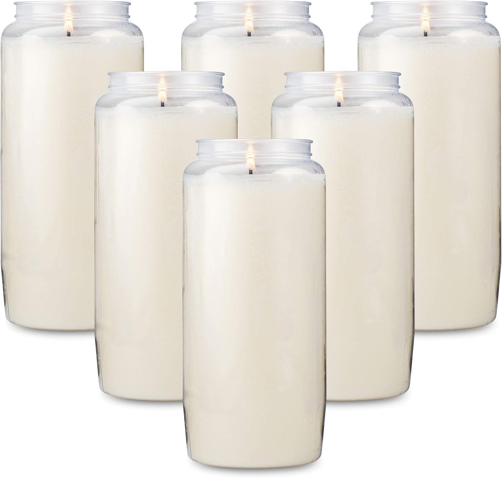 Tribello 6 Day Candles, 6 Pack | 6” White Pillar Candles for Memorial, Religious Ceremony, Party Decor, Emergency Survival | Unscented Slow Burning 100% Vegetable Wax in Plastic Jar Container