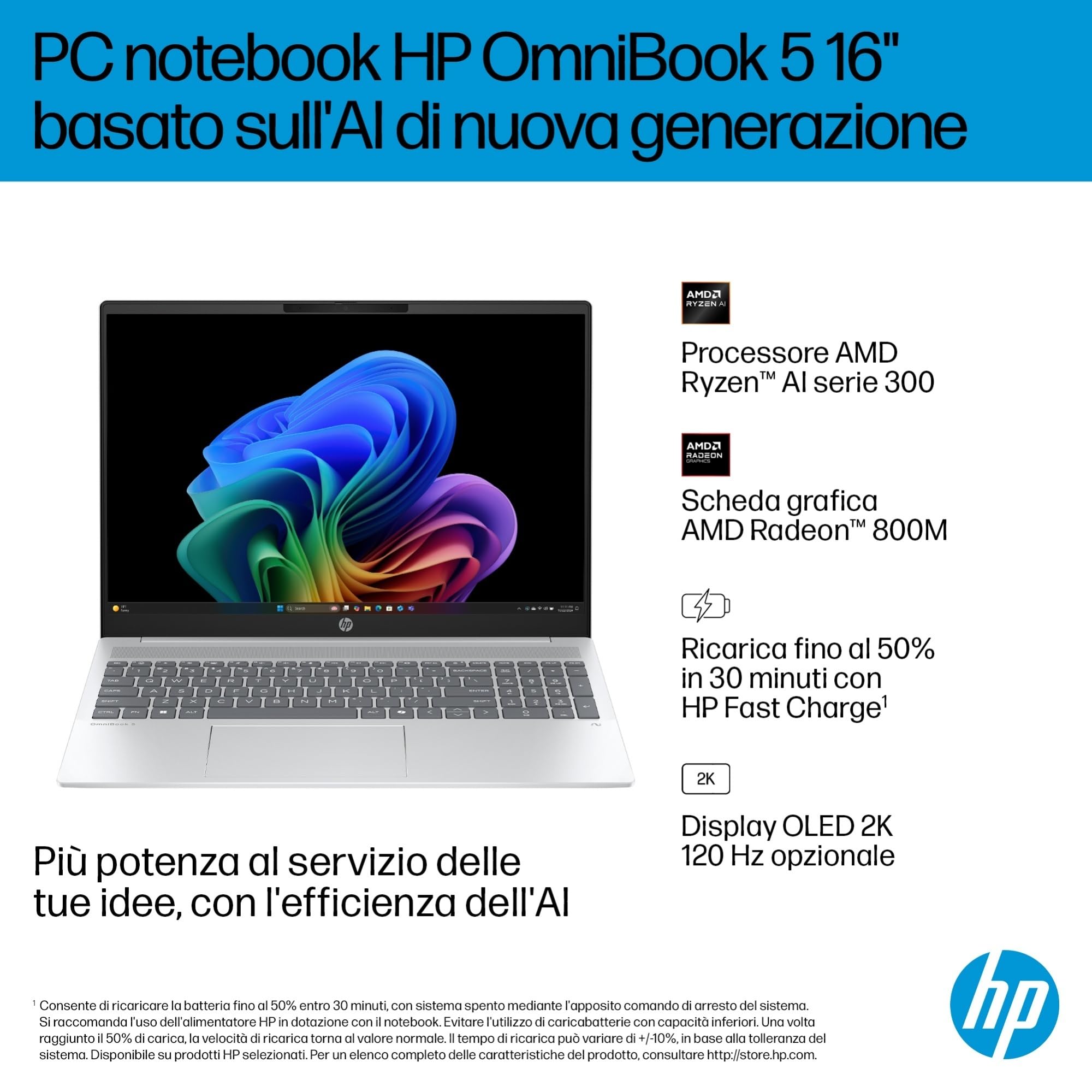 HP OmniBook 5 16-ag1004s, Notebook, (Processore AMD Ryzen AI 7 350, 24GB RAM, 512GB SSD, Windows 11), Lavoro d'ufficio avanzato, Multitasking, Computer portatile, Tastiera Italiana QWERTY, Argento
