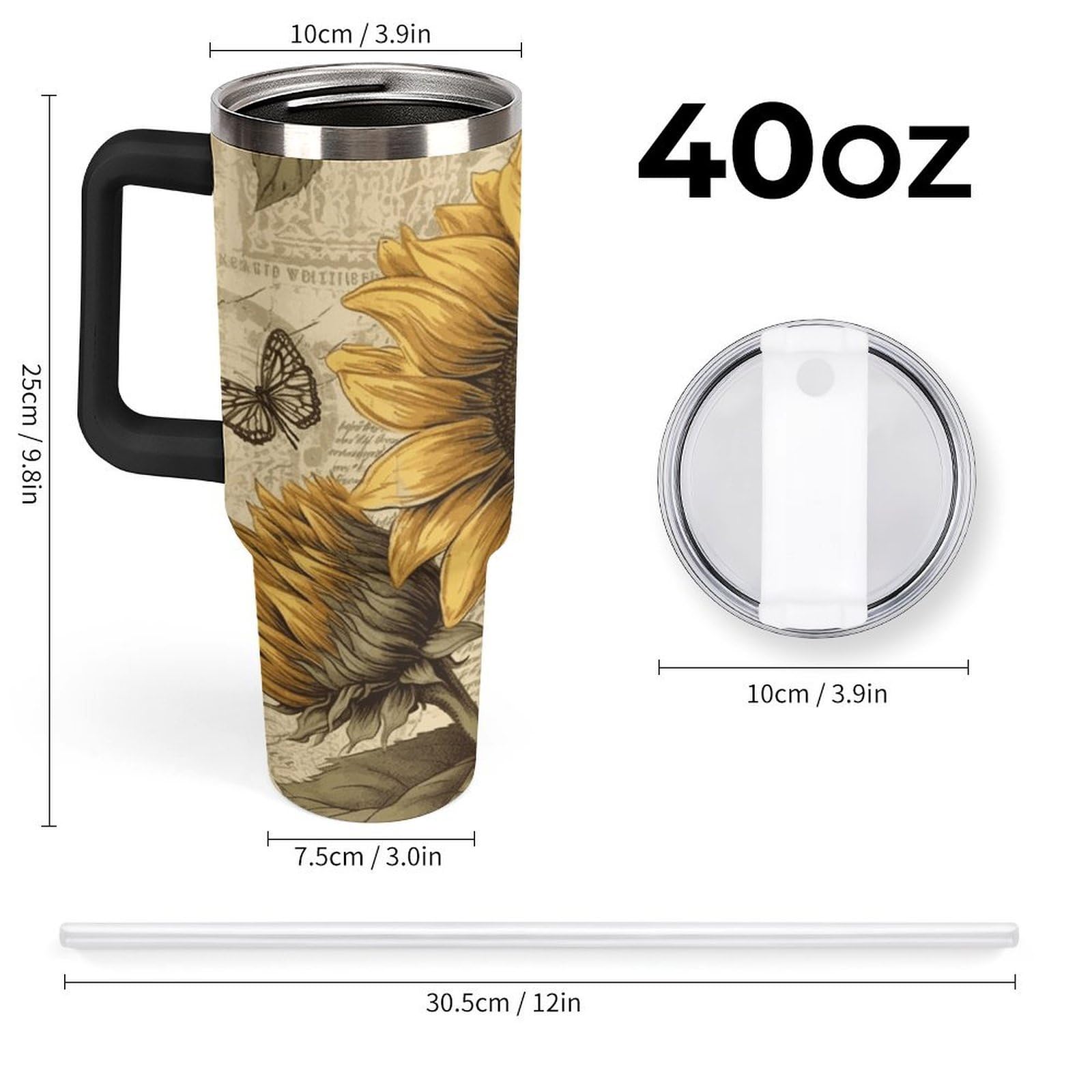 Retro-Sonnenblumen-Becher mit Strohhalm und Griff, doppelwandig, Vakuumisolierung, Wasserflaschen für Eiskaffee, Tee, heiße und kalte Getränke