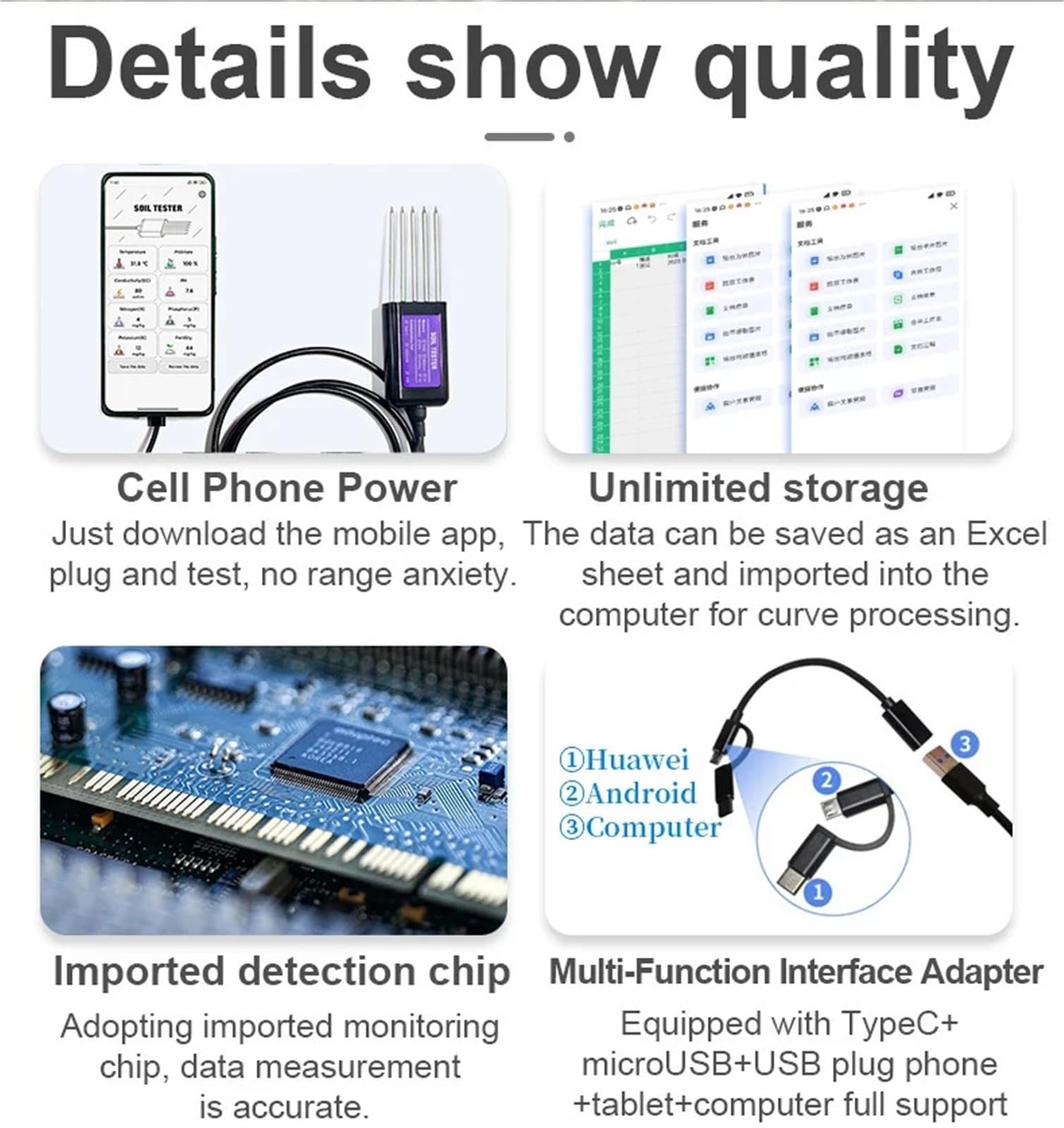 bodentester Bodensensor 8-in-1, NPK EC Moisture Temp pH Fruchtbarkeit | Messgerät mit APP-Datenlogger, wiederaufladbarer USB-Bodentester(Carton Packaging)