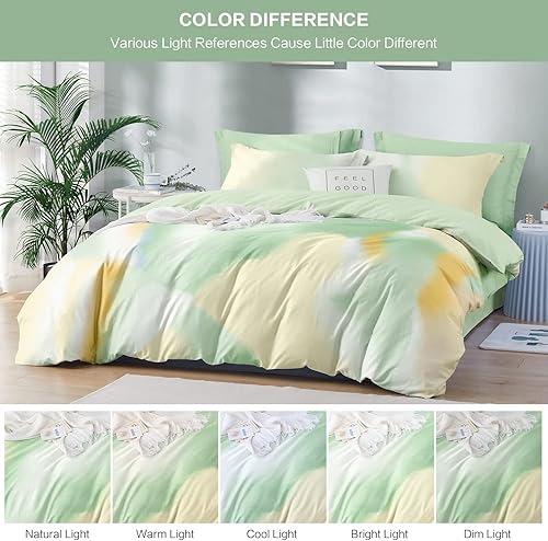 Miniatura 5 de SAPHREAS Juego de funda de edredón de 3 piezas de estilo teñido anudado verde y amarillo, tamaño Queen, 100% algodón, 1 funda de edredón y 2 fundas