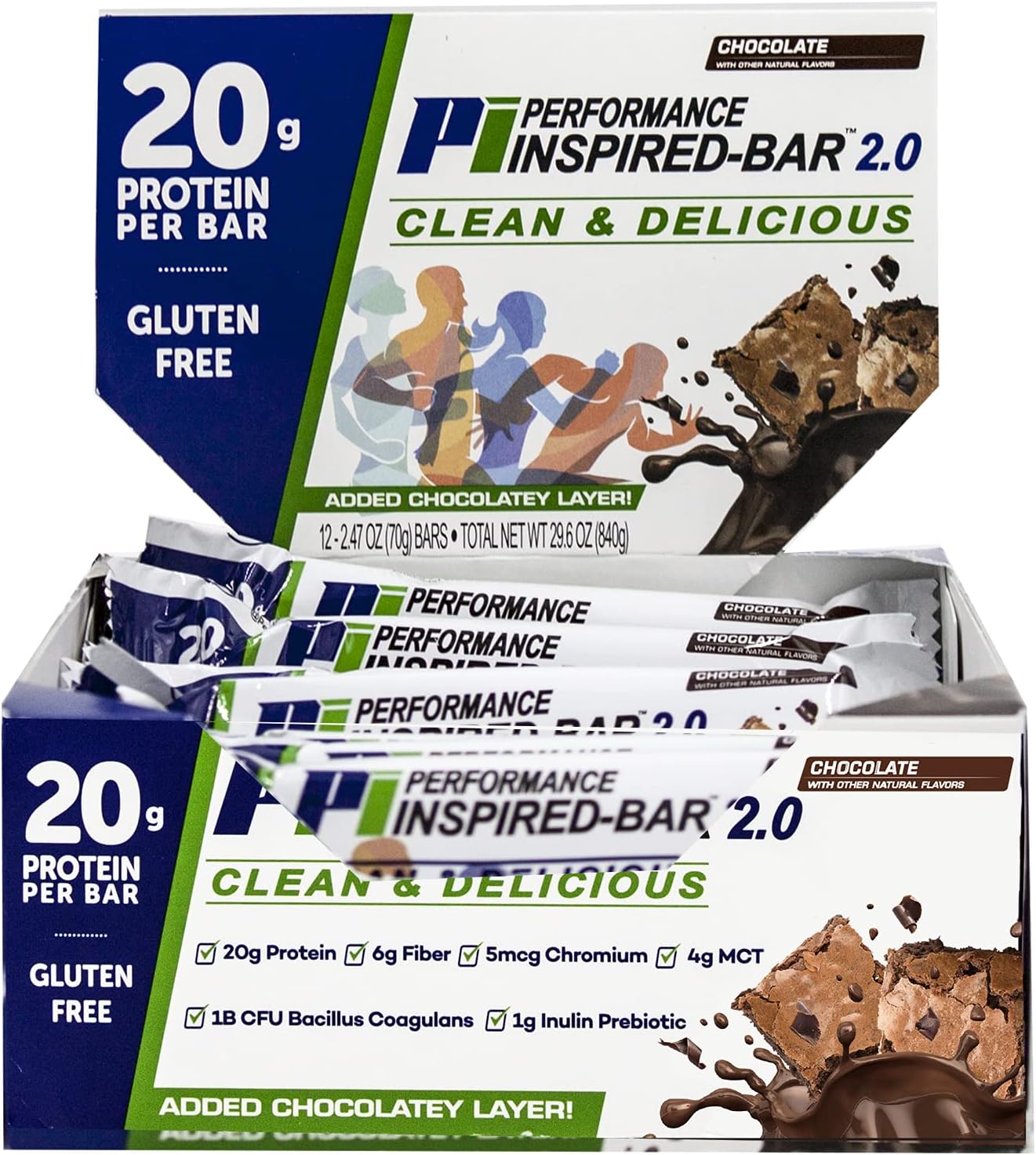 Performance Inspired Nutrition - Protein Bar 2.0 – Contains: 20G Protein - 6G Fiber - 4g MCTs - 1 Billion CFU Probiotics – 1G Prebiotics - G Free – BIG 70g bar - Chocolate 12-Ct. Box