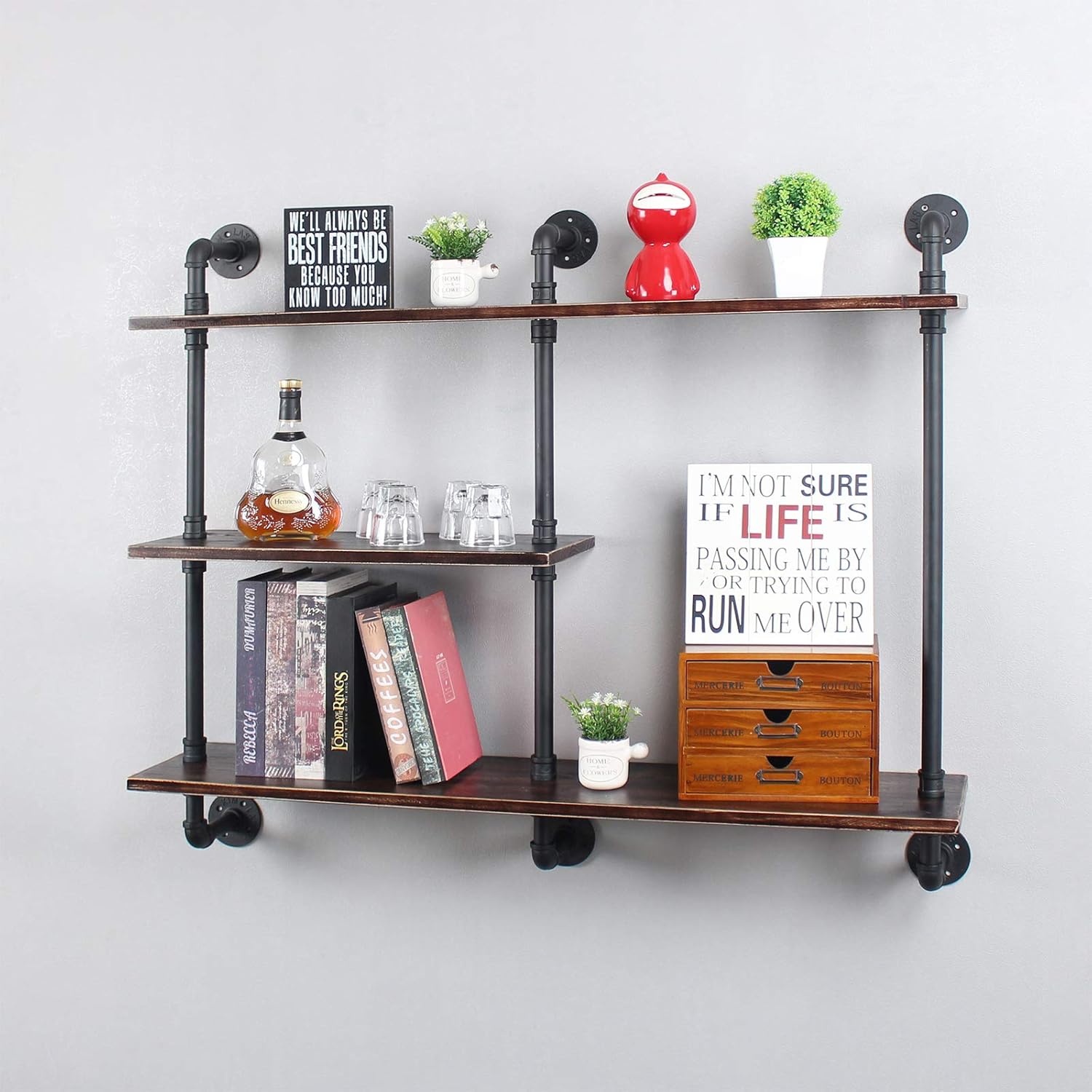 MBQQ Industrial Pipe Shelf with Wood 43.3in,Rustic Wall Mount Shelf 3-Tiers,Metal Hung Bracket Bookshelf,DIY Storage Shelving Floating Shelves,Retro Black