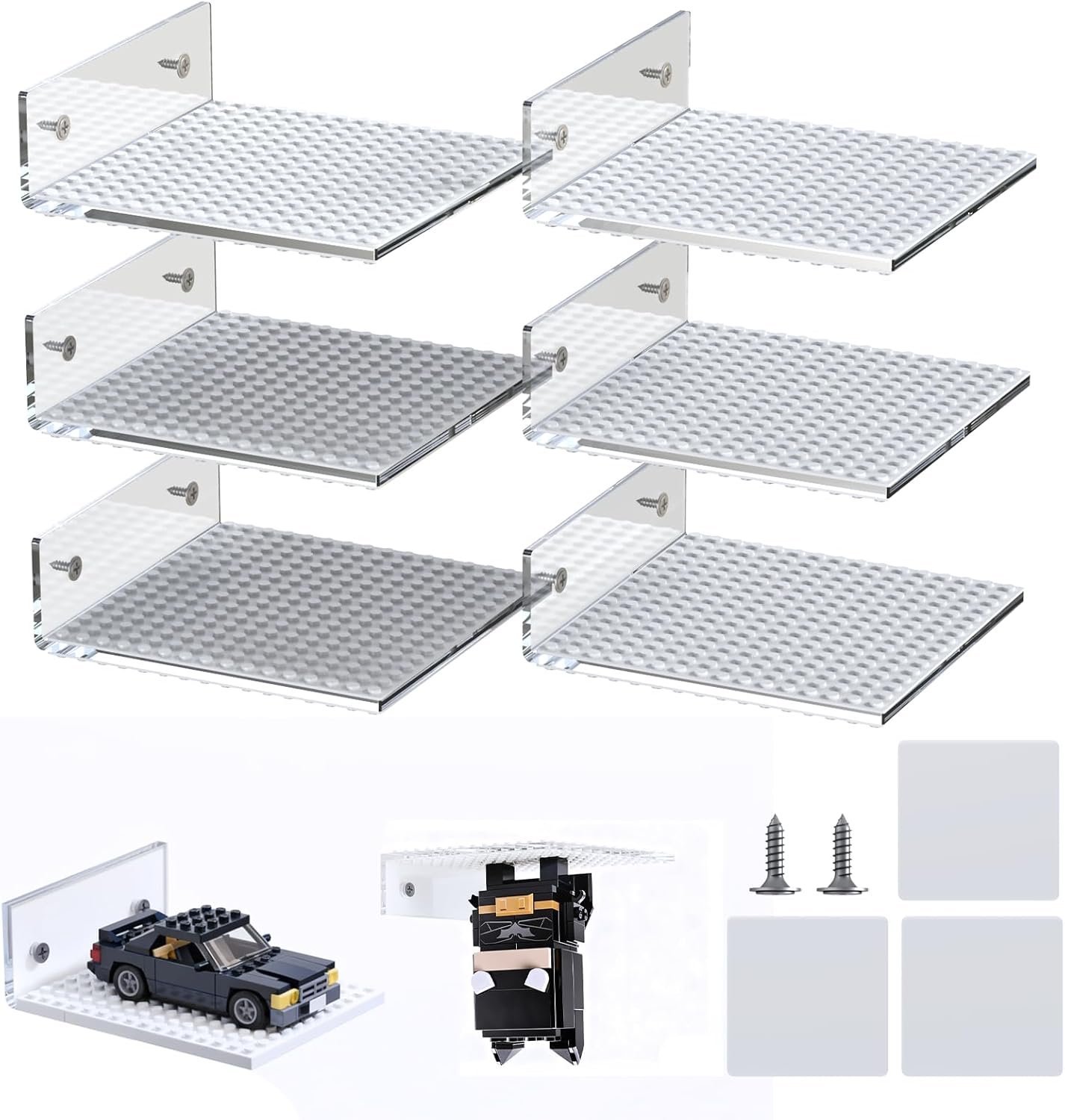 6-Pack Acrylic Floating Shelves Compatible with Lego, 16x16 Dual-Sided Stud Baseplate Wall Display Shelf - Clear PMMA Storage Organizer for Building Bricks Showcase