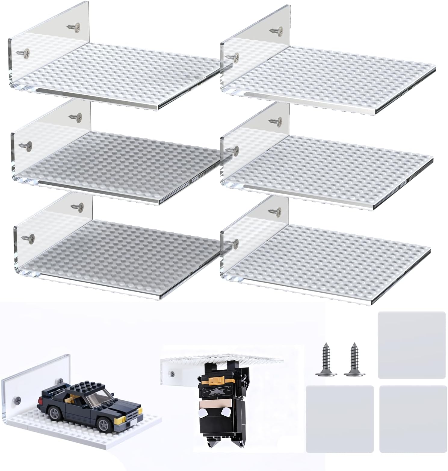 6-Pack Acrylic Floating Shelves for Wall Compatible with Lego Building Bricks, 5.3x5.1inch Dual‑Sided 16x16 Studs for Toy Brick Storage and Display, Clear PMMA Display Shelves for Room Decor,White