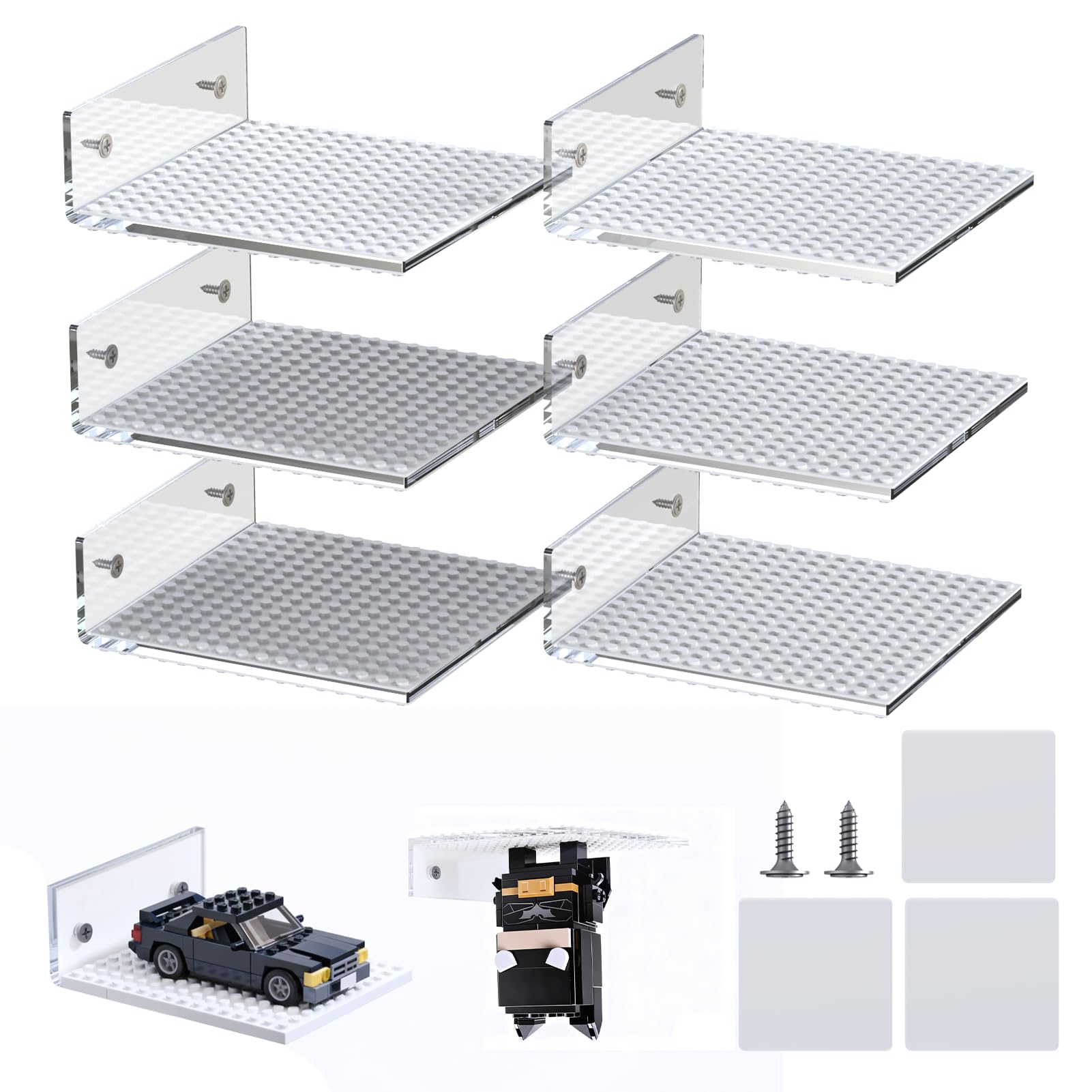 6-Pack Acrylic Floating Display Shelves for Wall,Compatible with LEGO Building Bricks,Dual-Sided Shelves with 16x16 Studs for LEGO Toy Brick Storage and Display (White, 6-Pack( 5.04×5.31×2.17 in))