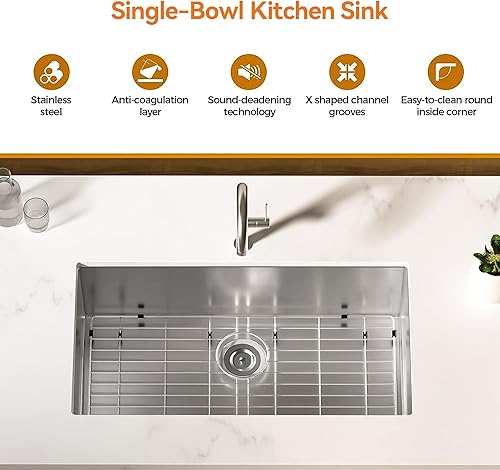 Miniatura 28 de Fregadero de cocina de 33 x 22 pulgadas, fregadero de cocina de un solo tazón con grifo extraíble, lavabo de acero inoxidable T-304 de calibre 18