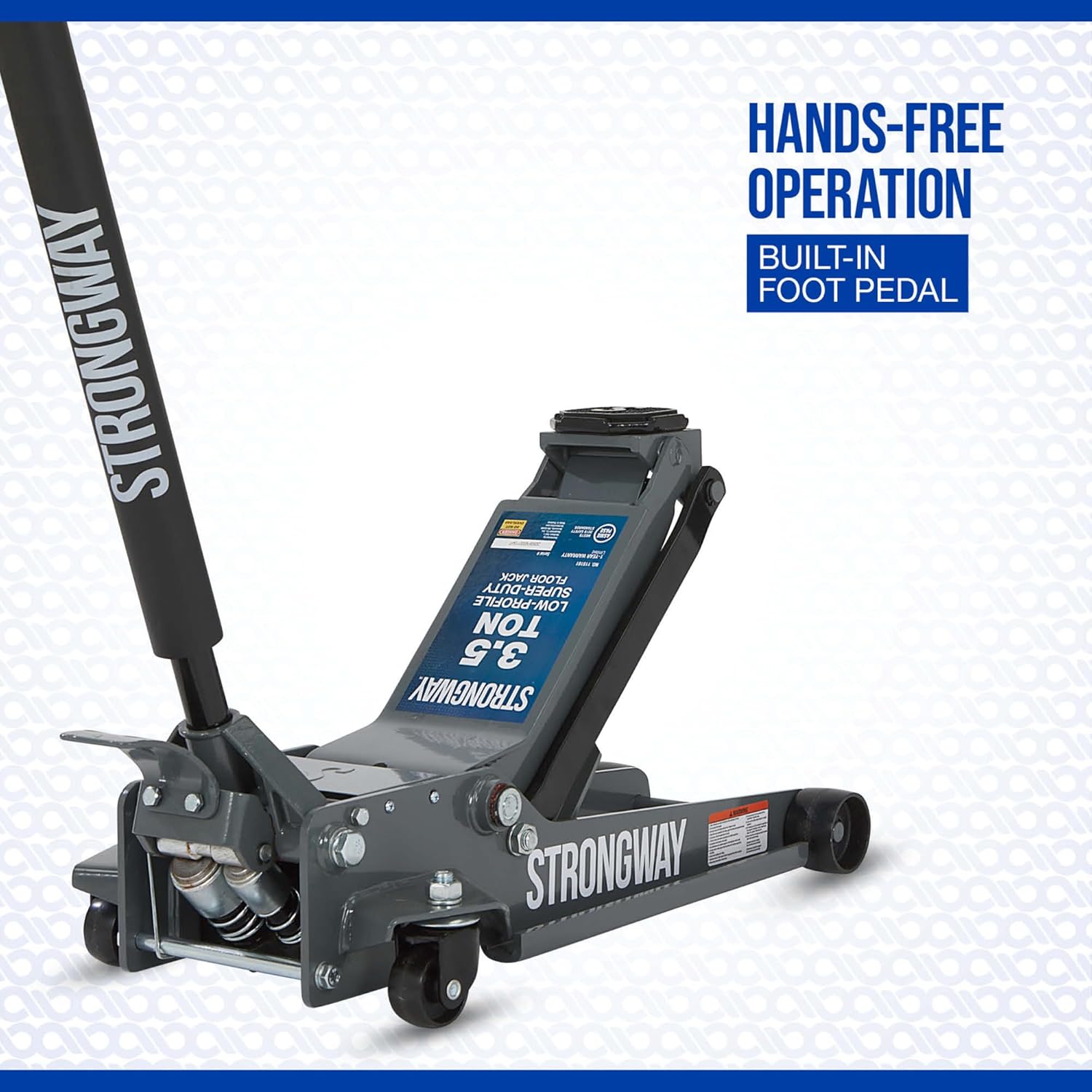 Strongway 3.5-Ton Floor Jack showing built-in foot pedal for hands-free operation