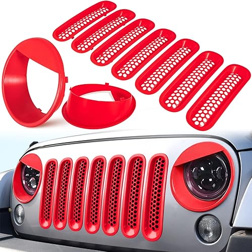 Miniatura 10 de Rejilla delantera insertos de malla y cubierta para faros delanteros para Jeep Wrangler JK JKU Sport Freedom, Rubicon Sahara Unlimited 2007-2018,