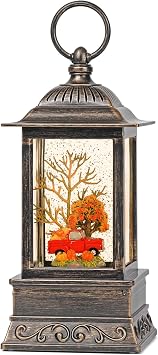 Fall Snow Globe Decorations, Glitter Red Truck Lantern with 6H Timer, USB/Battery Powered Lighted D cor for Home, Tabletop, Gift Box