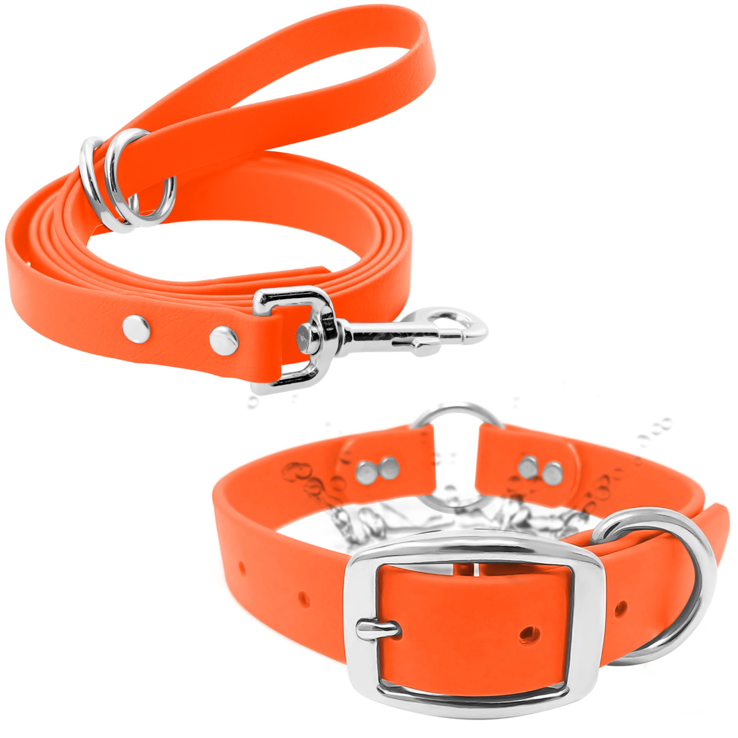 Regal Dog Products Medium Orange Waterproof Dog Collar and Leash Set - Vinyl Coated Biothane Pet Training Collar with Heavy Duty Center Ring & 5'ft