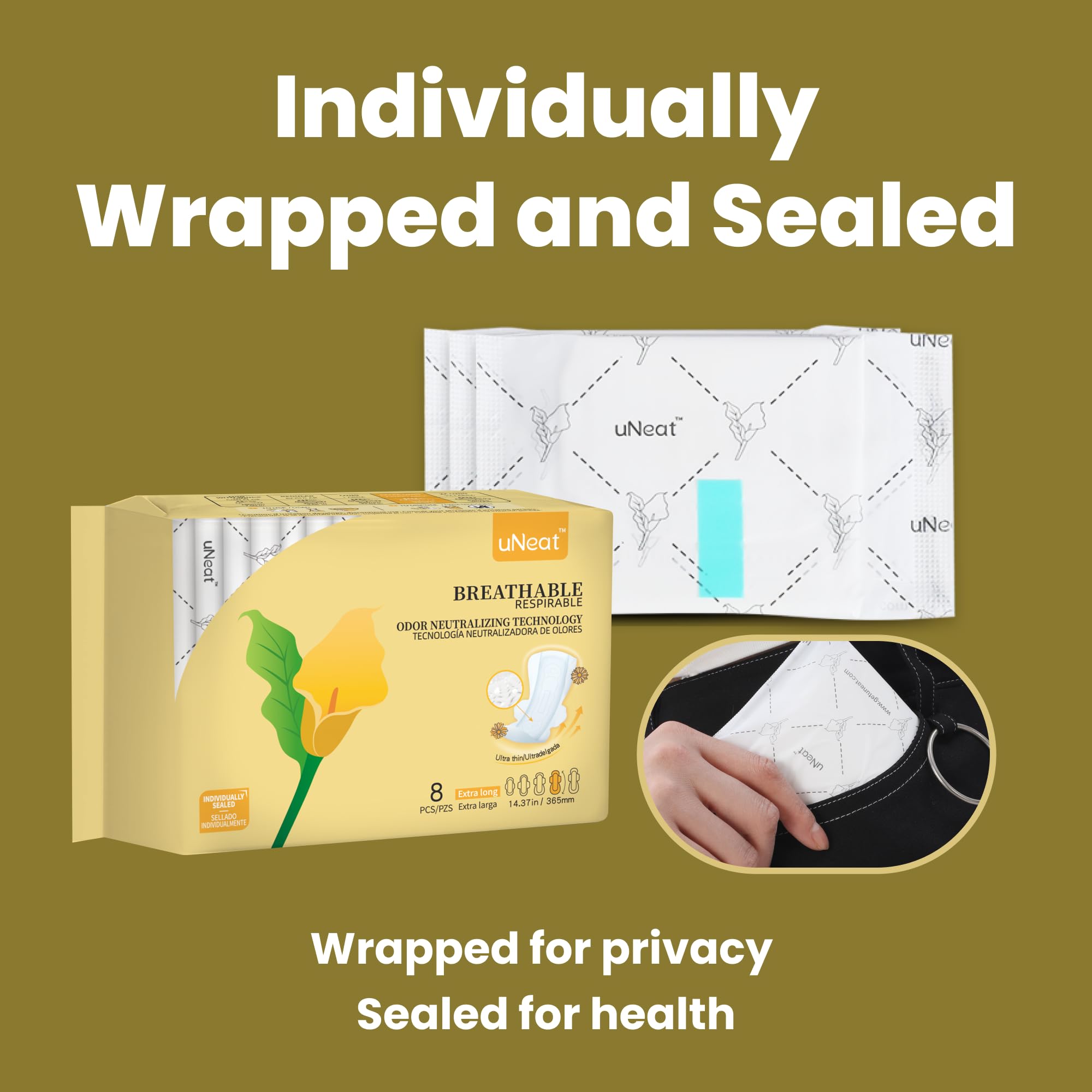 uNeat Almohadillas extra largas para mujer, ultra delgadas, de flujo pesado, sanitarias con alas, algodón sin perfume, período de cobertura extra femenina de súper absorción (talla 4, 48 unidades)