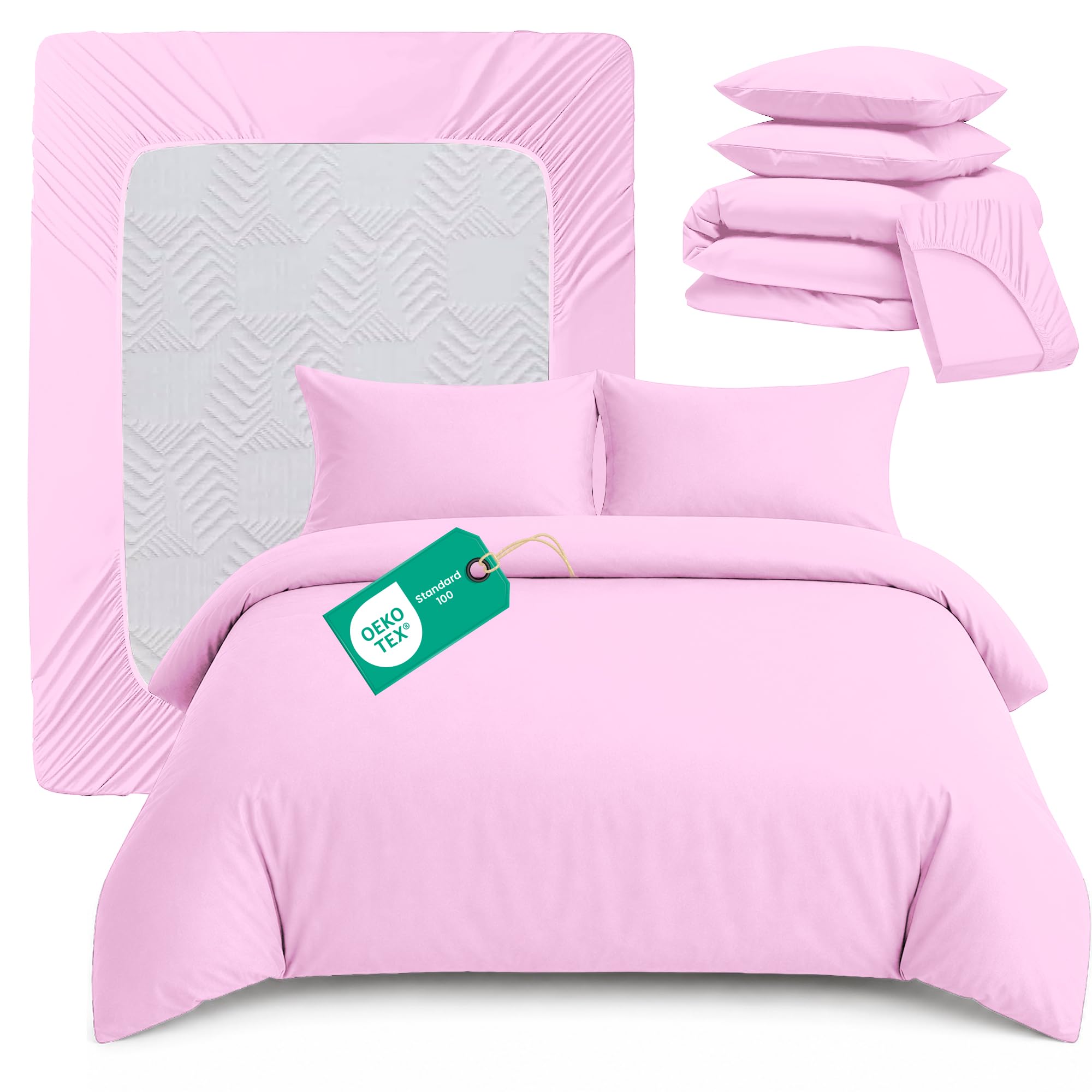 Linens World King Size Duvet Cover Set 4 Piece โ OEKO-TEX Certified Ultra Soft Brushed Microfiber Bedding Set with 26cm Deep Fitted Sheet & 2 Pillowcases, Button Closure, (Pink, 230 x 220 cm)