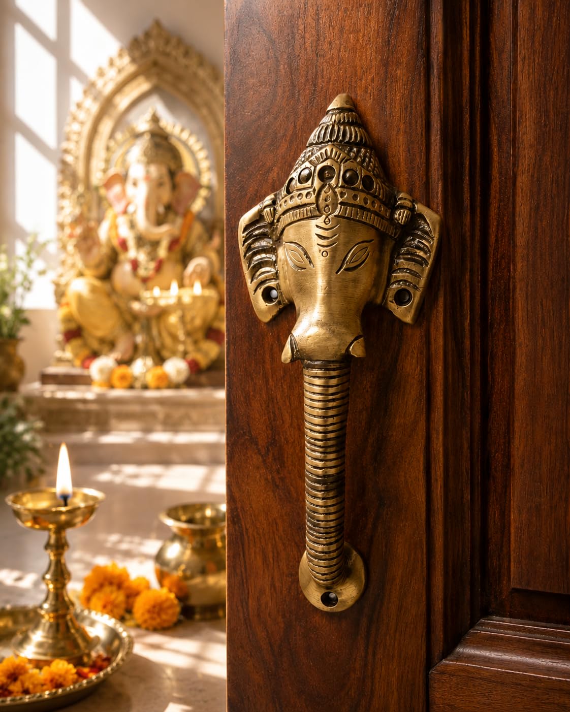 Two Moustaches Brass Antique Brown Crown Ganesha Door Handle, 8 Inches, Antique Brown, Standard, Pack Of 1 - Brass, Pull Handle-image-1
