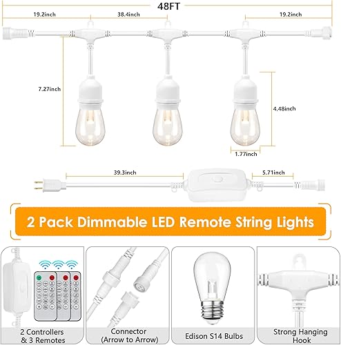 Miniatura 2 de Mlambert Tira de luces LED regulables de 3 colores para exteriores con control remoto, enchufable, 96 pies (2 x 48 pies), impermeable, inastillable,