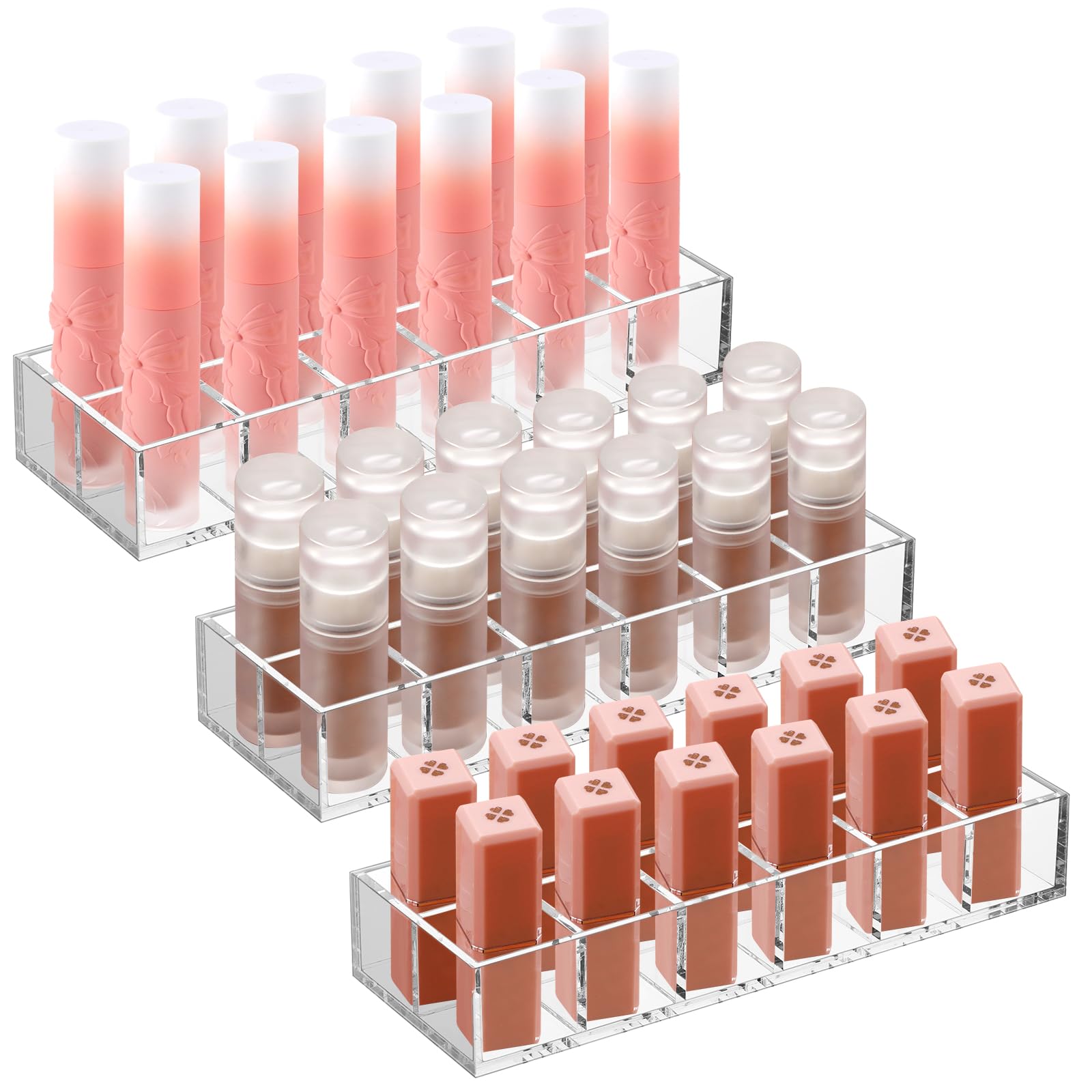 Kigley 3 Pcs Clear Lipstick Organizer Acrylic Lip Gloss Holder Cosmetic Storage Lipstick Display Case for Women Perfume Sample Drawer Brushes Bottles