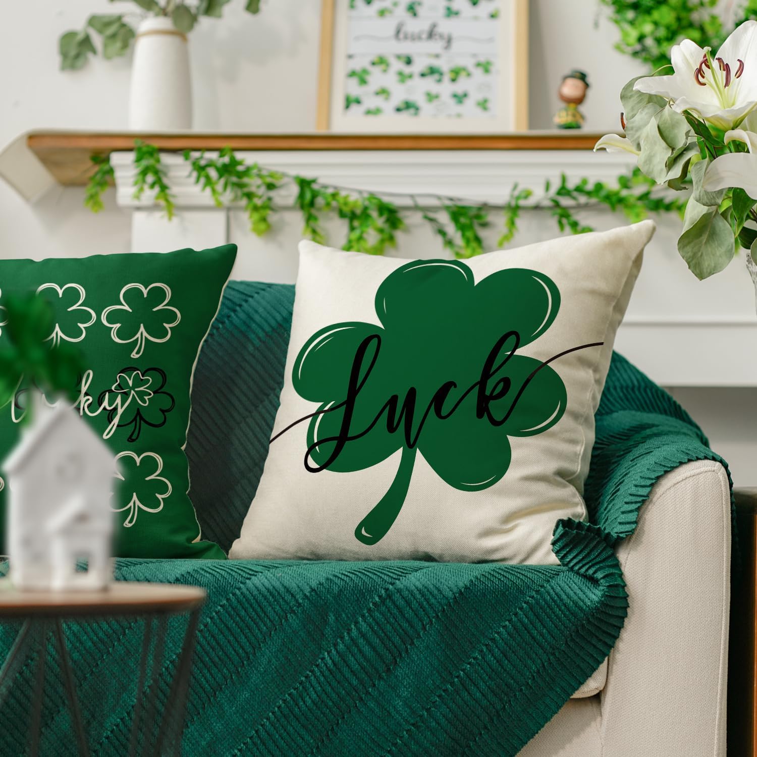 AVOIN colorlife St Patrick's Day Lucky Clover Throw Pillow Covers, 20 x 20 Inch Green Luck Decoration for Sofa Couch Set of 4 - Image 5