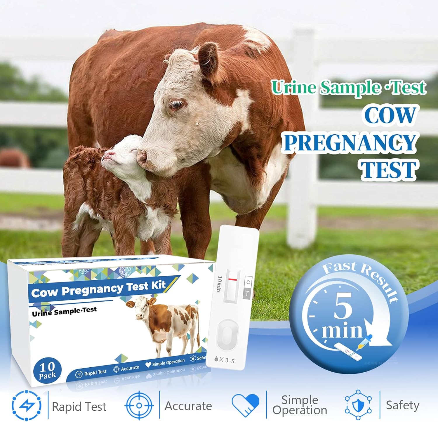 Bovine Pregnancy Test Kit: 10 Pack Cow Pregnancy Test Strips, Fast & Painless Urine Test for Early Detection, Results in 5-10 Minutes, Ideal for Professional Herd Management and Small Farms