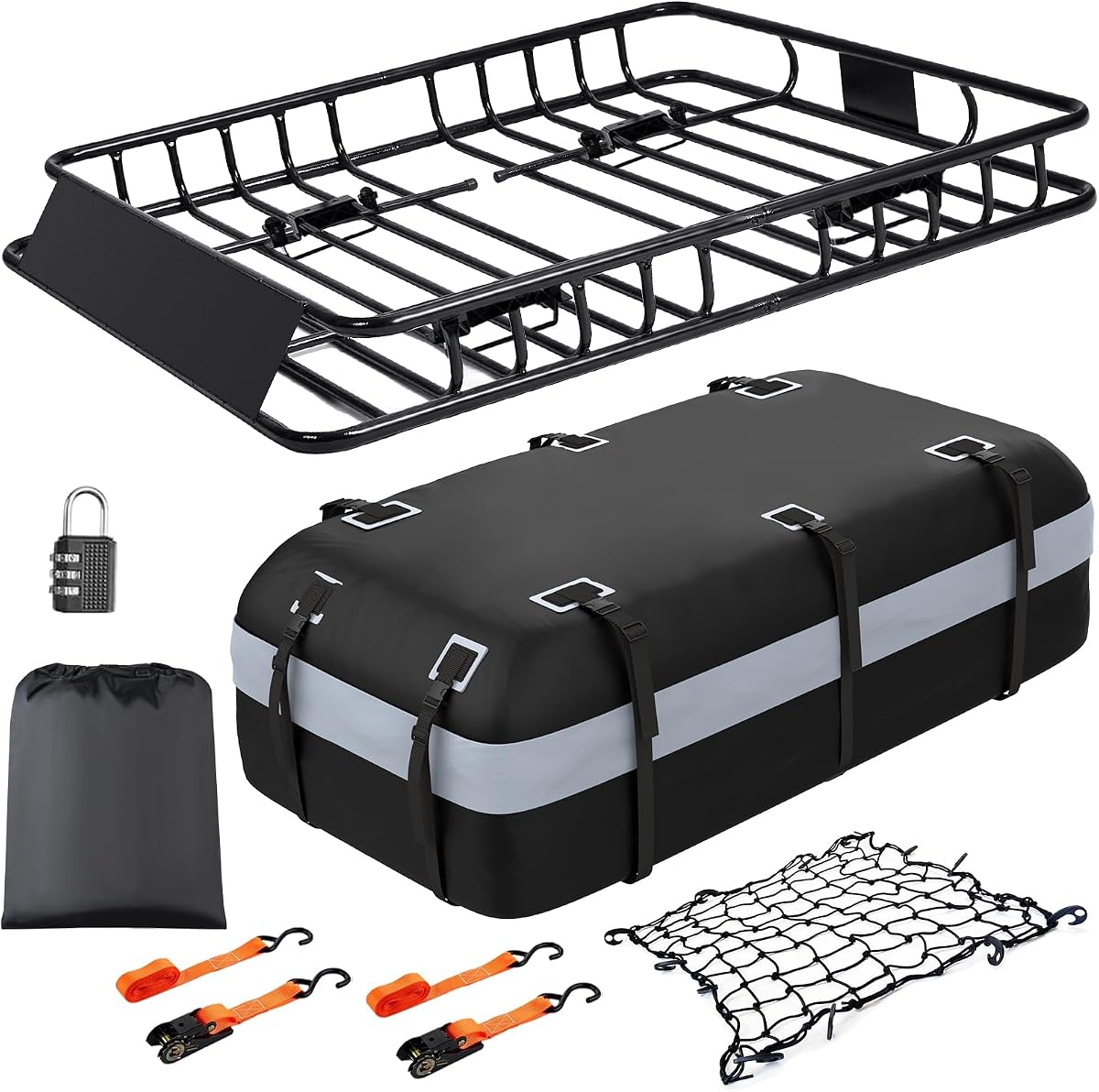 Car Roof Cargo Carrier 64"x36"x5" Roof Rack Basket, 20 Cu Ft Waterproof Bag | Adjustable Length, Heavy-Duty Steel Build, 250 lbs Capacity for SUVs & Trucks, Complete Accessory Kit