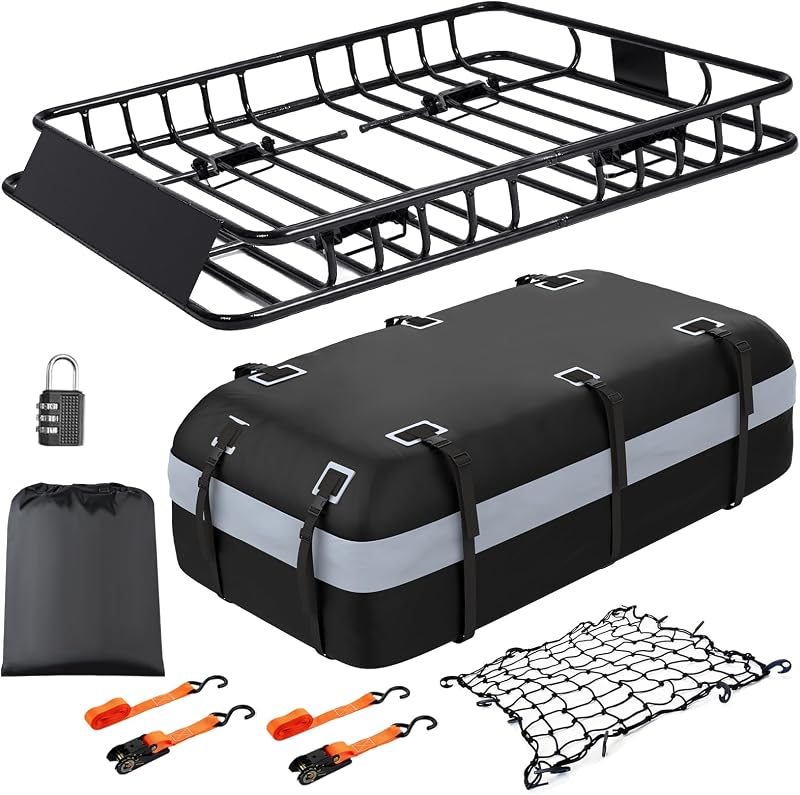 Car Roof Cargo Carrier 64"x36"x5" Roof Rack Basket, 20 Cu Ft Waterproof Bag | Adjustable Length, Heavy-Duty Steel Build, 250 lbs Capacity for SUVs & Trucks, Complete Accessory Kit