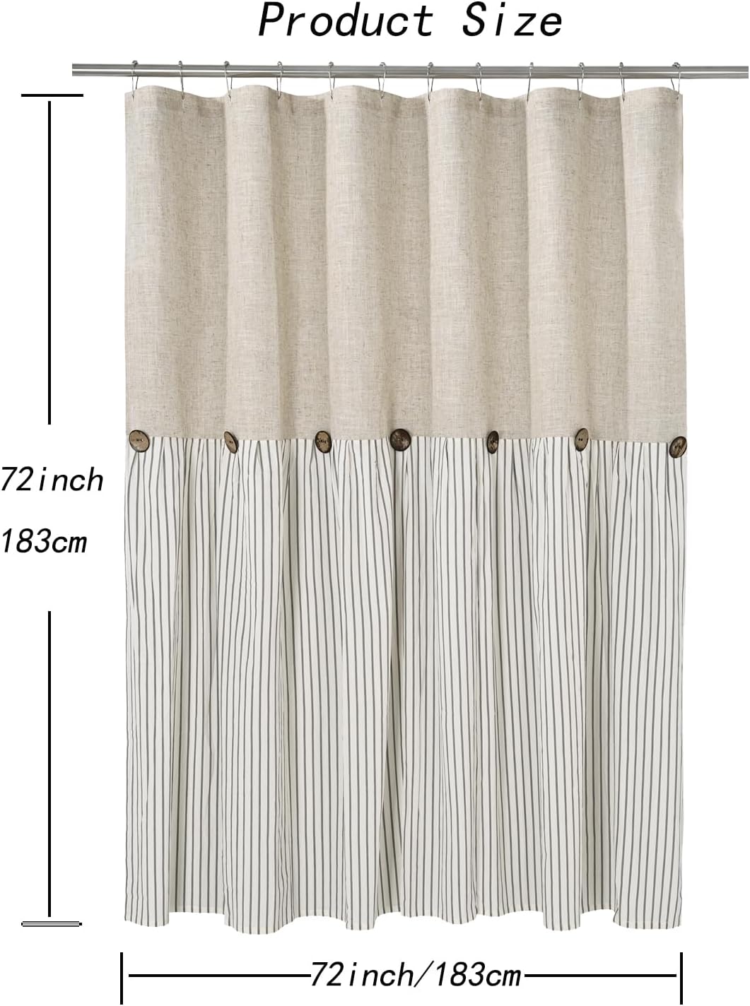 DOSLY IDÉES Farmhouse Shower Curtain,Beige and Gray Stripe,Button Curtain,Linen and Cotton Woven Fabric,Rustic Charm Country Chic Style,72x72 in