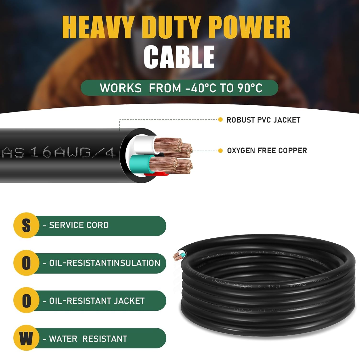 25ft 16/4 16 AWG Portable Power Cable (4 Conductor) - SOOW 600V 16 Gauge Electric Wire for Motor Leads, Generator, Portable Lights, Car Battery Chargers and Machinery - 25 Feet Electrical Cord