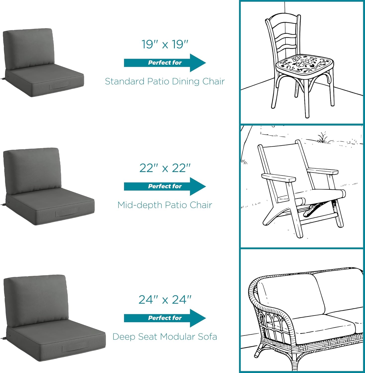 Codi Outdoor Chair Cushions for Patio Furniture 24x24, Waterproof Deep Seat Cushion Replacement for Outside Couch, Sofa, Washable Removable Cover with Handle & Adjustable Straps, Grey