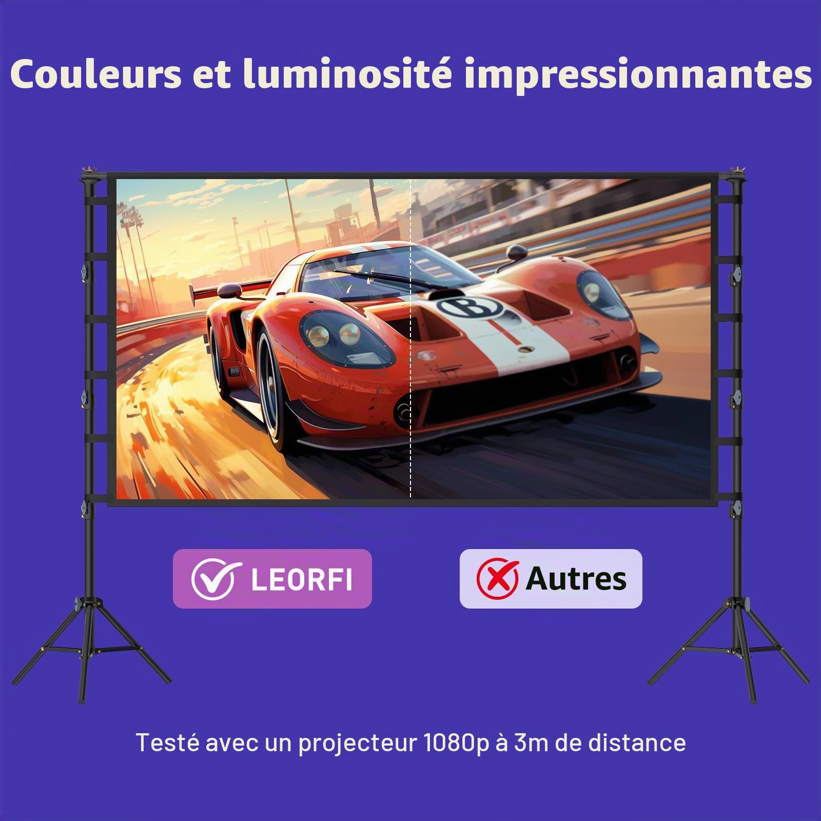 Écran de projection LEORFI avec trépied - 120" - Portable - Avec sac de transport - Intérieur HD 16:9 - Avant arrière - Hauteur réglable - Pour camping et home cinéma