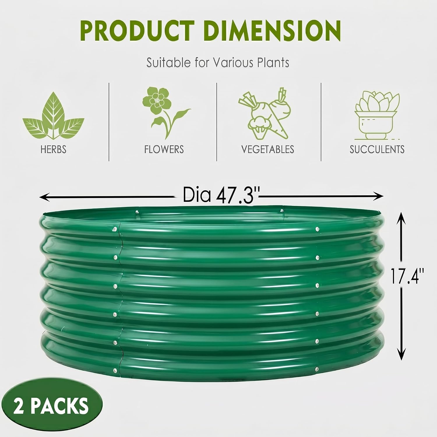 FORTUNO 2 Pcs 17" Tall 4 Ft Round Raised Garden Bed Box Galvanized Metal Outdoor High Flower Bed Steel Patio Ground Planter for Planting Vegetables and Herbs, Green