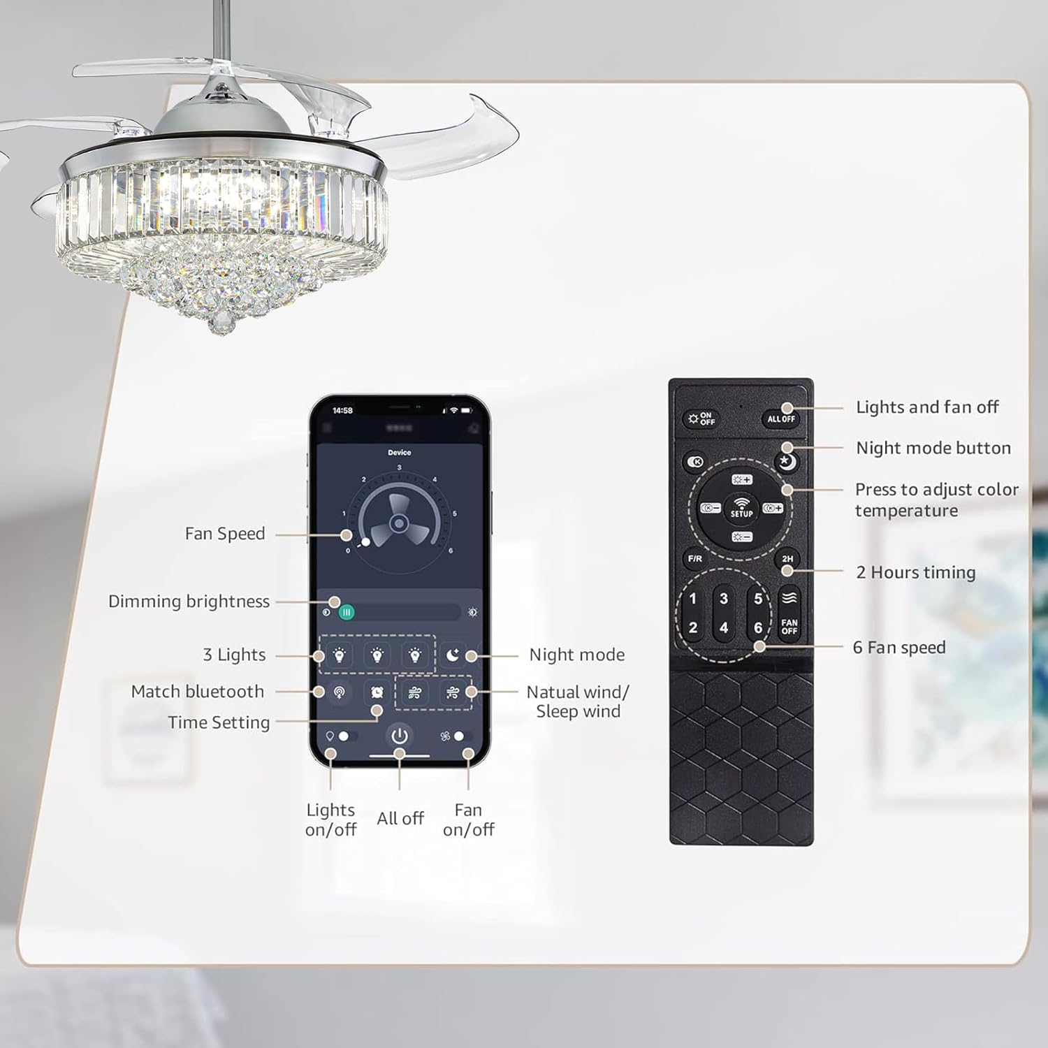 Image showing the remote control and a smartphone app interface for the ceiling fan.