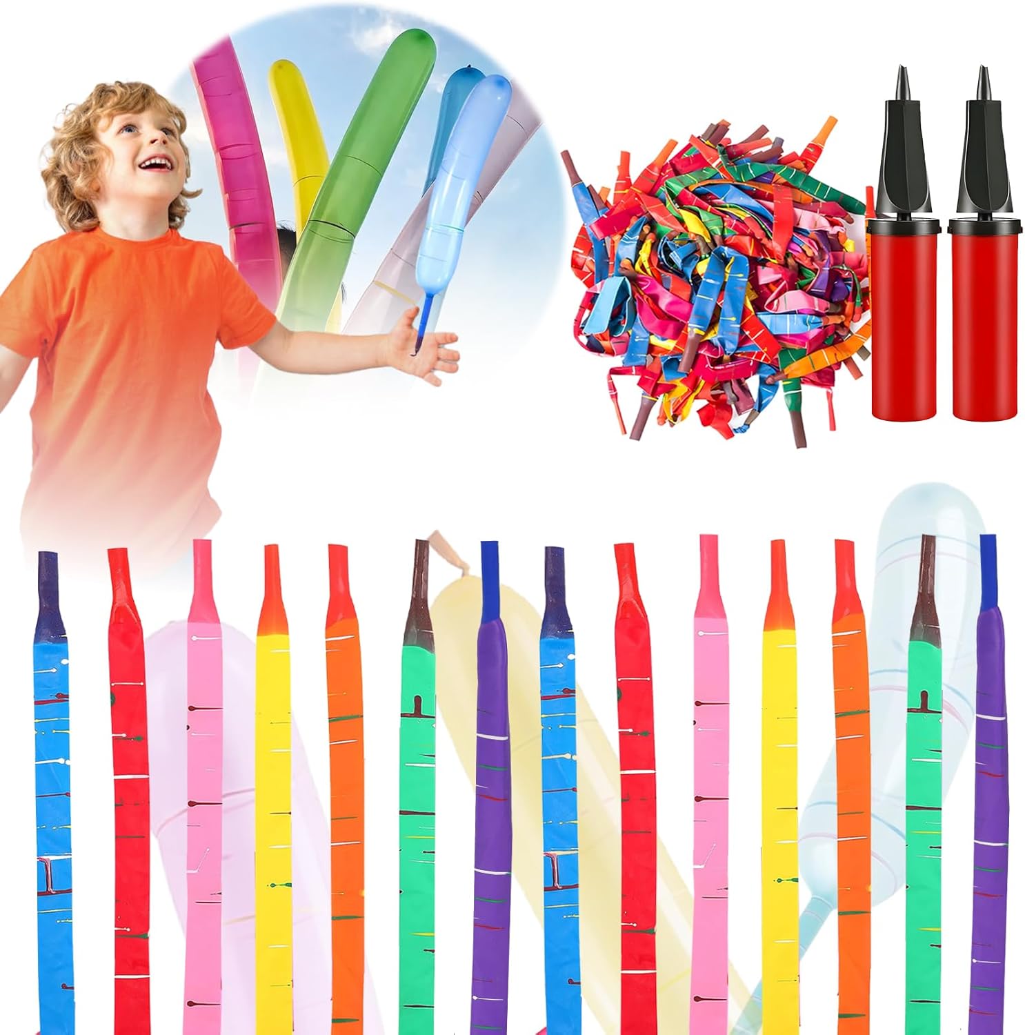 Rocket Balloons with Pump, 40-Inch Whistling Flying Balloons for Outdoor Fun, Spring & Easter Party Supplies, Kids Birthday Party Favors, Assorted Colors (100 Count + 2 Pumps)