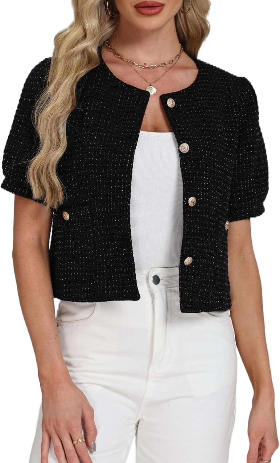Women's Tweed Blazers Jackets Cropped Puff Short Sleeve Collarless Work Suits Coat with Pockets