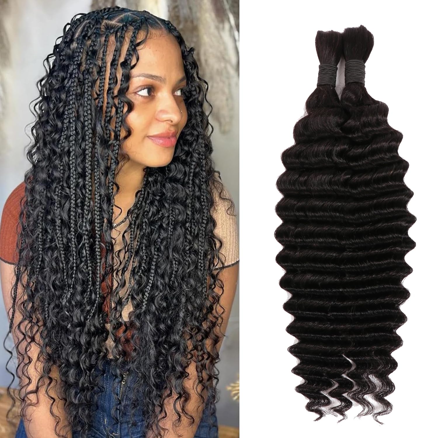 14 Inch Human Braiding Hair For Boho Braids Human Hair Extensions Wet And Wavy 10A Brazilian Curly Human Hair No Weft Micro Braids For Women (1B#, 14Inch 100g(50gx2Bundles))