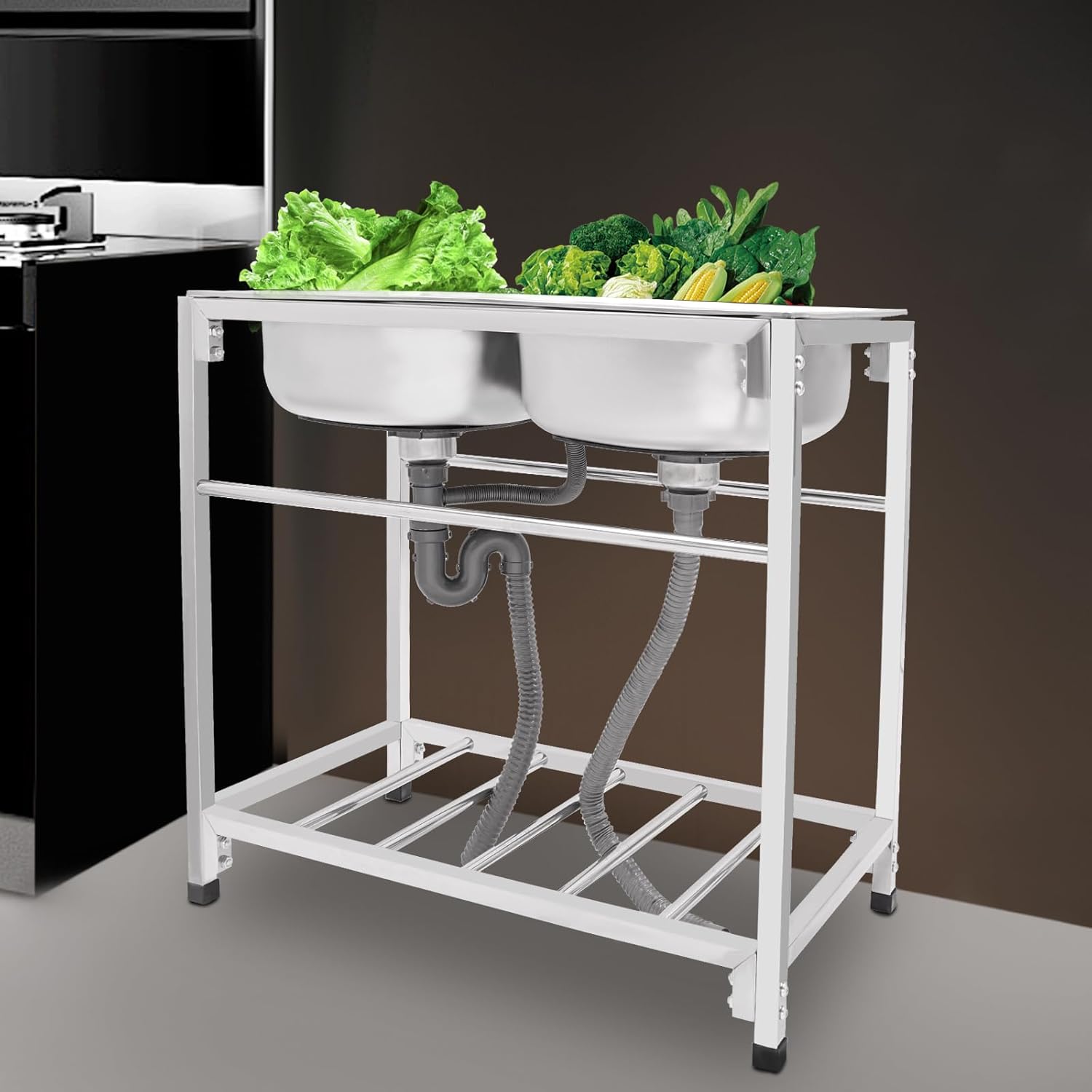 Outdoor Utility Sink Stainless Steel Double Bowl Sink Free Standing Commercial Restaurant Kitchen Sink with Hot and Cold Faucet for Laundry, Garage, Cafe Bar