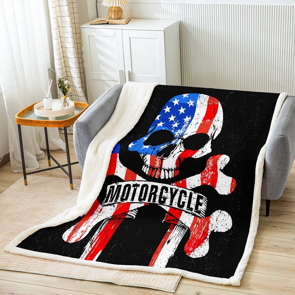Loussiesd American Flag Skull Fleece Throw Blanket Abstract US Flag Plush Blanket Sugar Skull Motocross Rider Sherpa Blanket Gothic Bones Fuzzy Blanket for Sofa Bed,Colorful Baby 30x40 Inch — image 1
