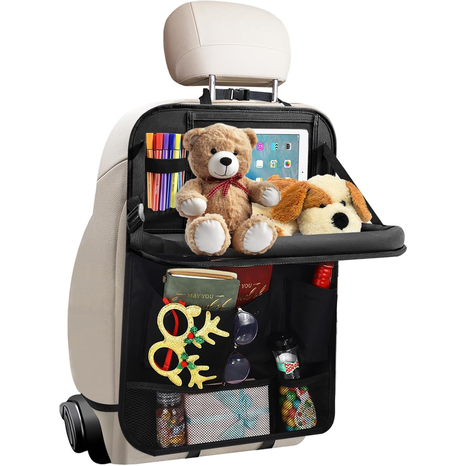 Duscdesp Autositz Organizer, Rückenlehnenschutz Auto Kinder, Auto Organizer Kinder mit Faltbarer Tischablage, Transparente Tablet-Tasche mit Touchscreen, Wasserdich (Eine Packung)