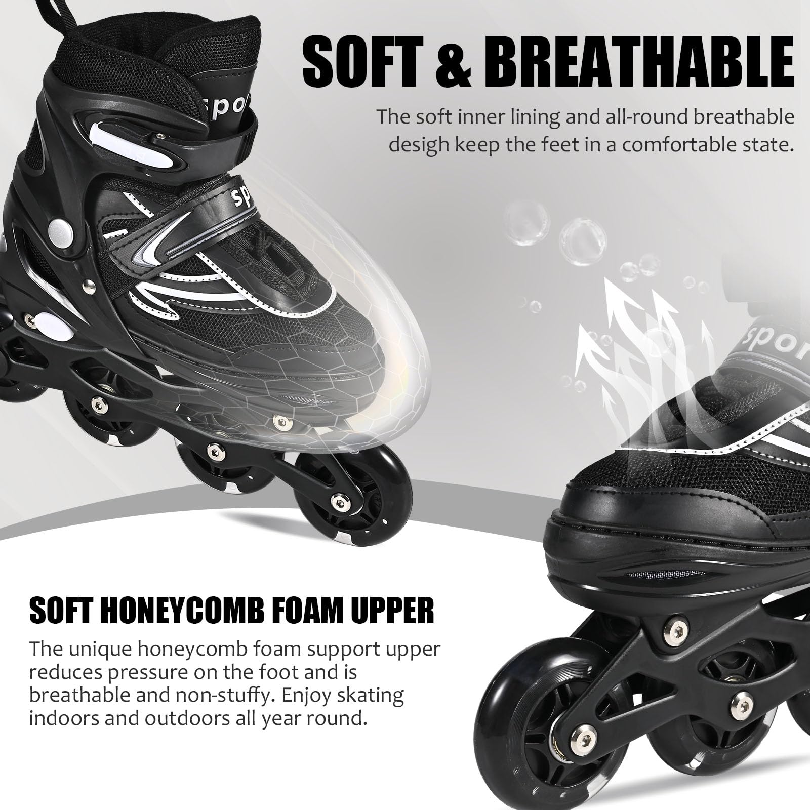 Einstellbare Kinder Inline Skates für Jungen Mädchen, Schwarz Weiß 4-Rollen Inline Skates für Jugendliche & Erwachsene mit leuchtenden Rädern für drinnen draußen Sport Freizeit