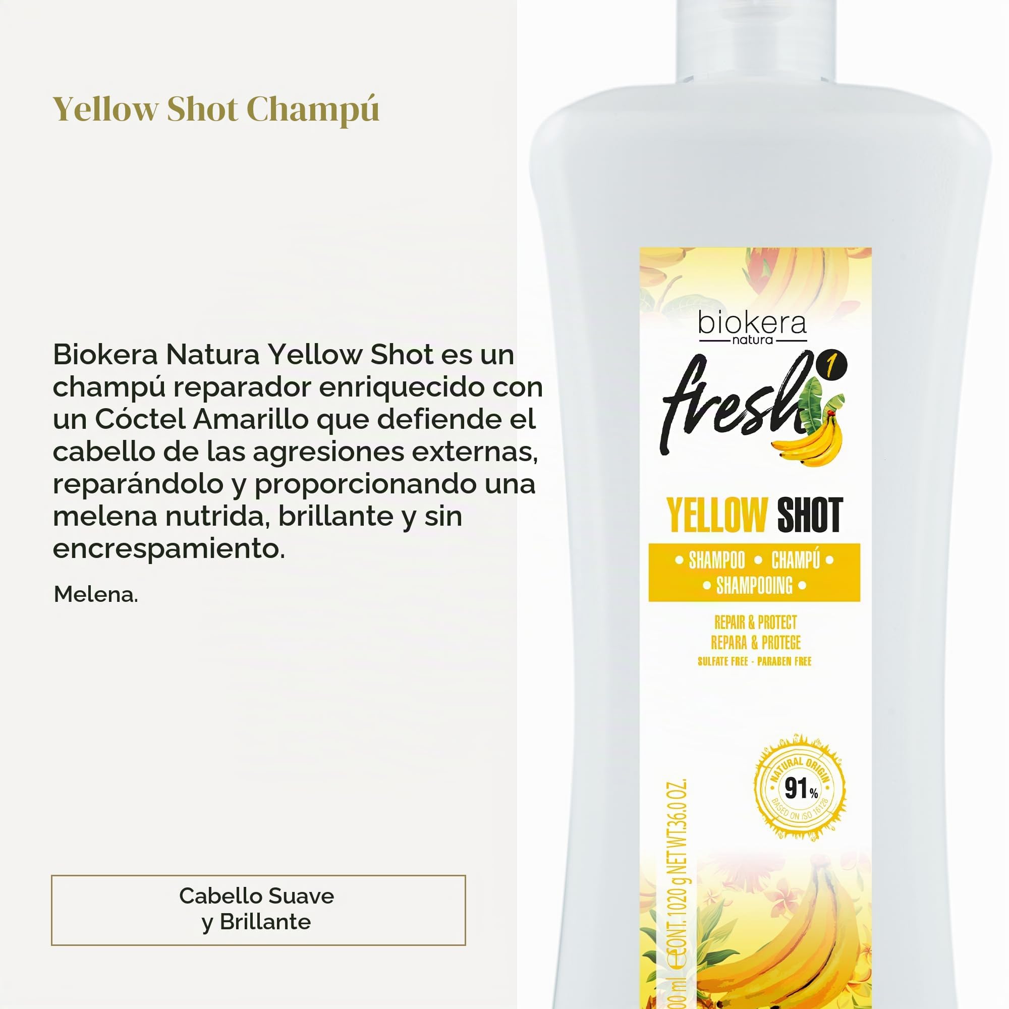 SALERM - Champú Reparador Yellow Shot - Biokera Fresh - 1000 ml - Repara y Protege - para un Cabello con Brillo y sin Encrespamiento - Champú sin Sulfatos ni Parabenos