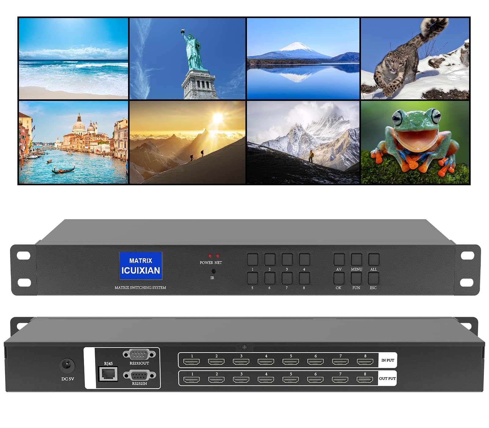ICUIXIAN Przełącznik matrycowy HDMI 4K 8 x 8 1920 x 1080p @ 60 Hz montowana w stelażu matryca HDMI 8 x 8 z RS-232, pilot zdalnego sterowania, sterowanie GUI, EDID, HDCP, DTS-HD Master Audio (8 w / 8
