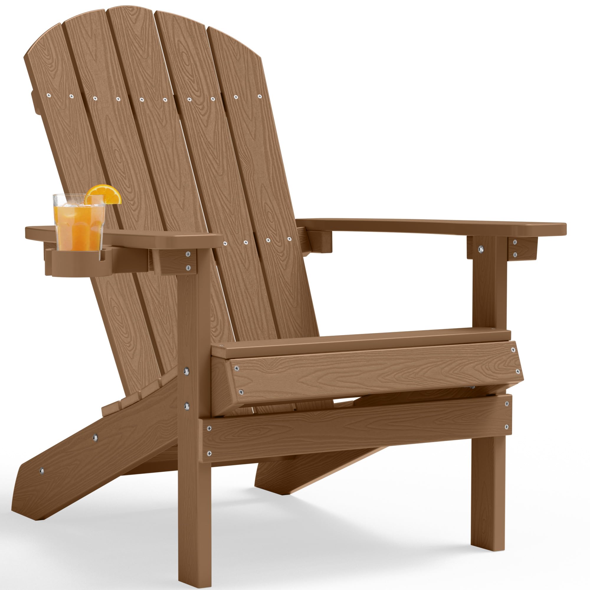 YEFU Adirondack Chair Weather Resistant: Outdoor Chair HIPS Plastic Adirondack Chairs - Patio Chairs with Cup Holder & Wood Texture - Lawn Fire Pit Deck Porch Garden Chairs for Adults (Teak)